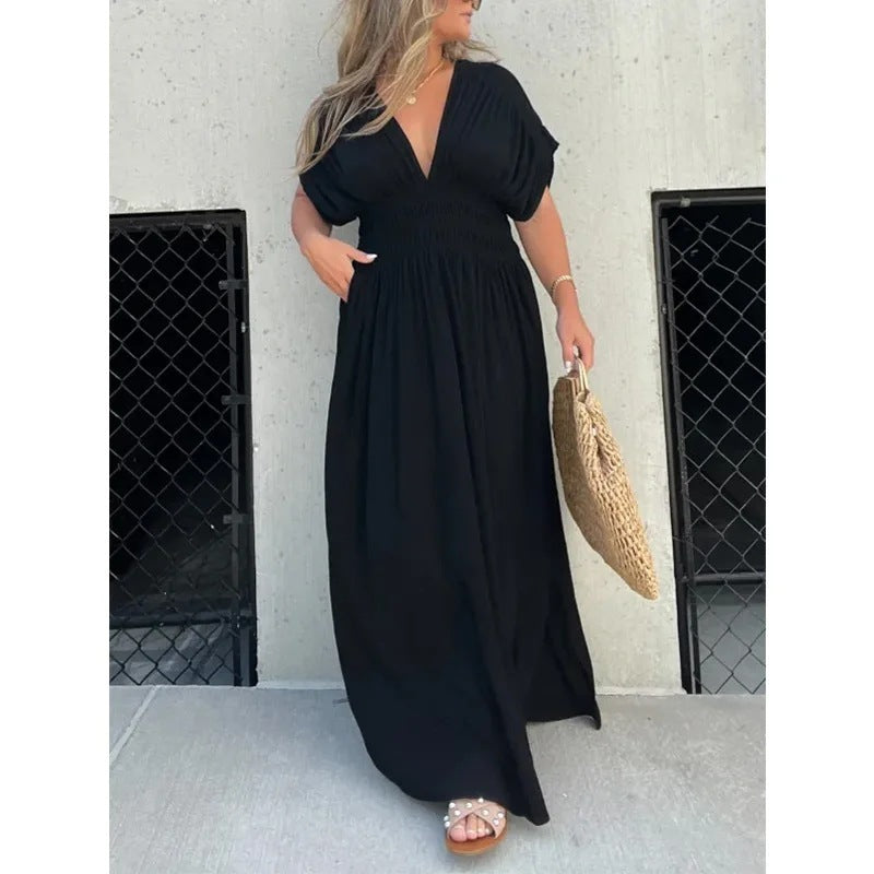 Bat-sleeved V-neck Slit  Elastic Waist Long Dress