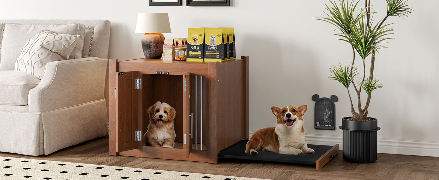 30.25'L, 2 in 1 Dog Crate with Padded Seat, Sliding Barn Door, Luxury Wooden Dog Kennel, End of Bed Bench Ottoman with Removable Cushion for Bedroom, Living Room, Walnut
