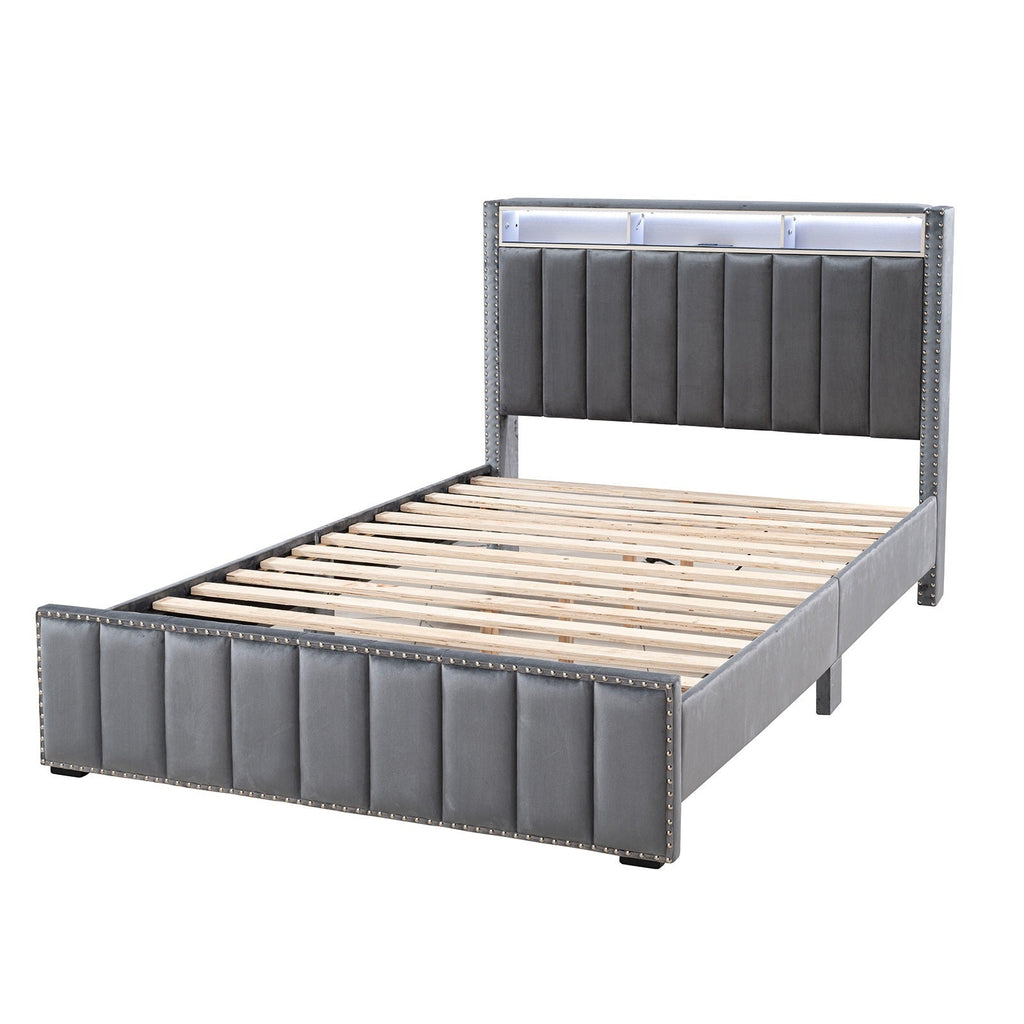 Contemporary 3pc Bedroom Set Queen Size Bed 2x Nightstands Bedroom Furniture Dark Gray Fabric Upholstered Bedframe w LED Nailhead Trim
