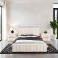 Full Size Bed 2x Nightstands Bedroom Furniture Contemporary Beige Fabric Upholstered Bedframe w LED Nailhead Trim 3pc Bedroom Set