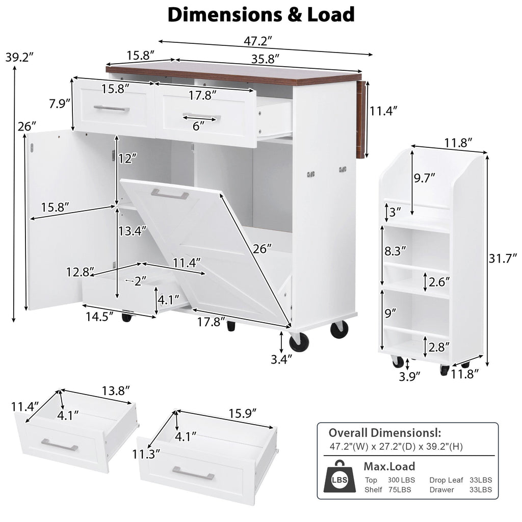 K&K 47.2' Farmhouse Kitchen Island with Drop Leaf, Kitchen Storage Island with Removable Side Racks, Two Drawers, Rolling Kitchen Cart on Wheels with Towel Rack, for Home, Kitchen, Dining Room, White
