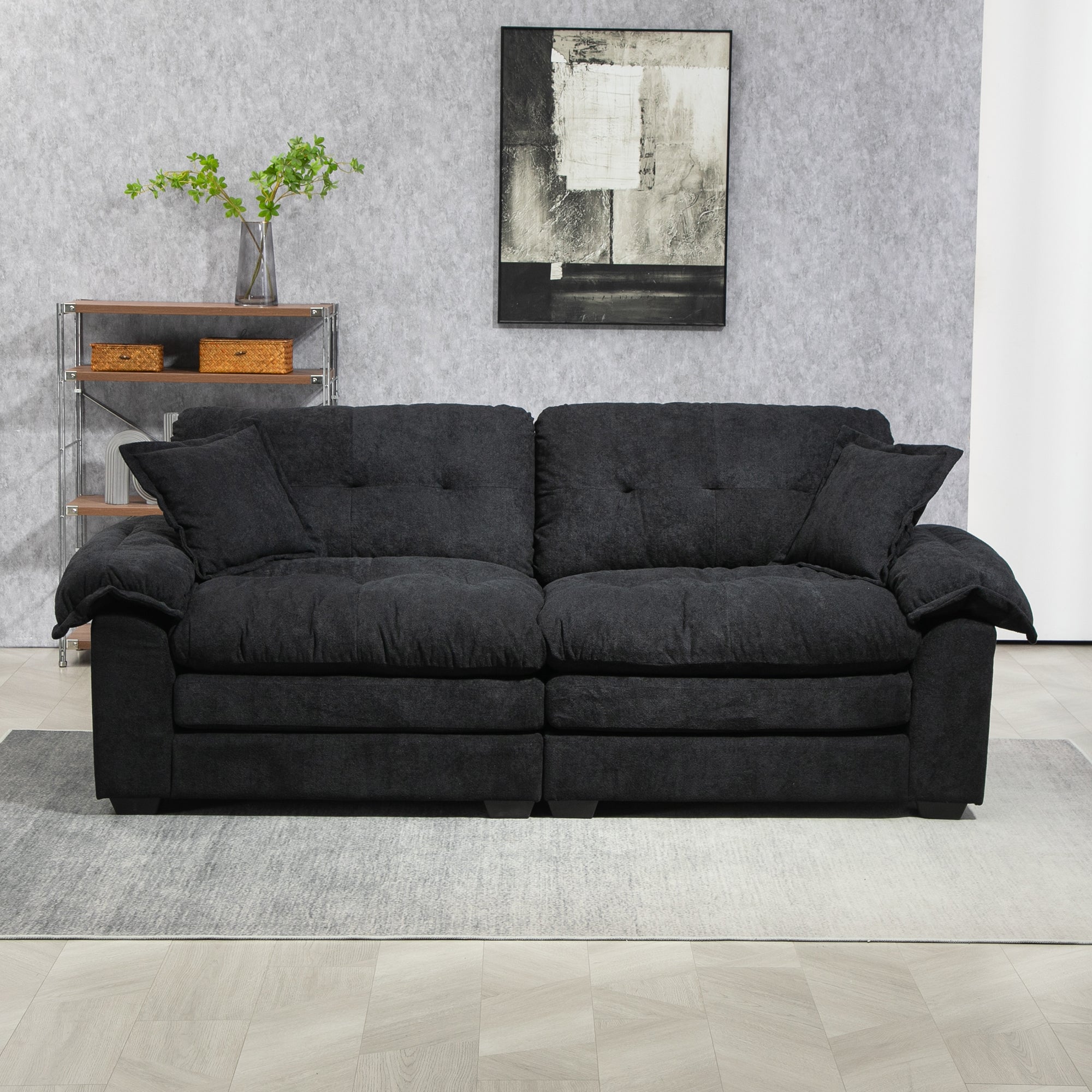 84' Chenille Sofa Small Sofa Loveseat Deep Seat Sofa Couch with 2 Throw Pillows & Memory Foam for Living Room Apartment Office Lounge-Black