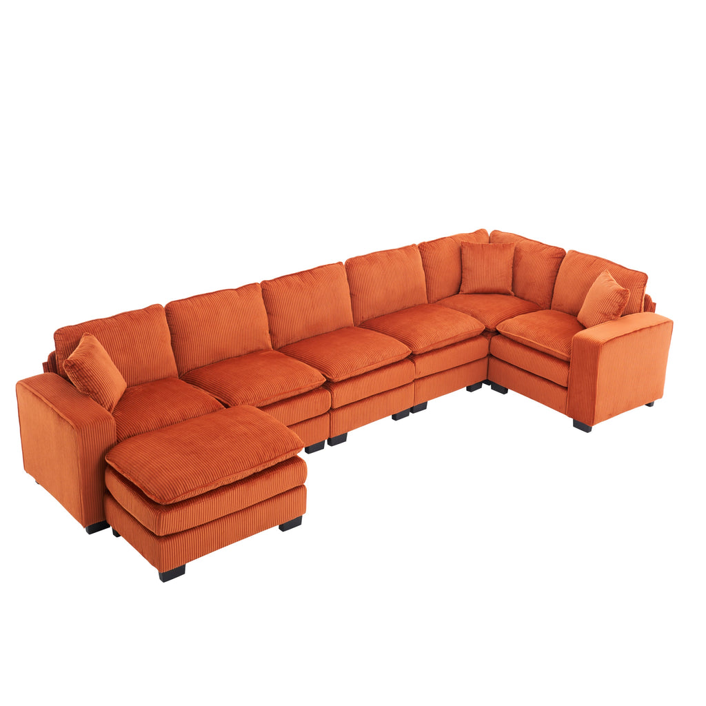 Modern U Shaped 6-seat Sectional Sofa Couch with one Ottoman and three toss pillows ,Modular Sofa for Living Room,Corduroy sofa