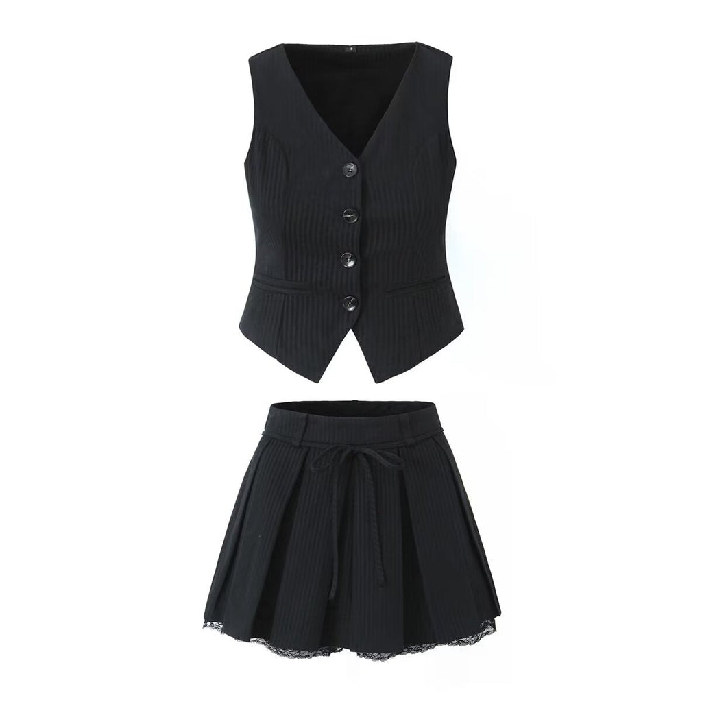 New women's fashion striped slim fit vest vest vest vest with vest lace and pleated skirt