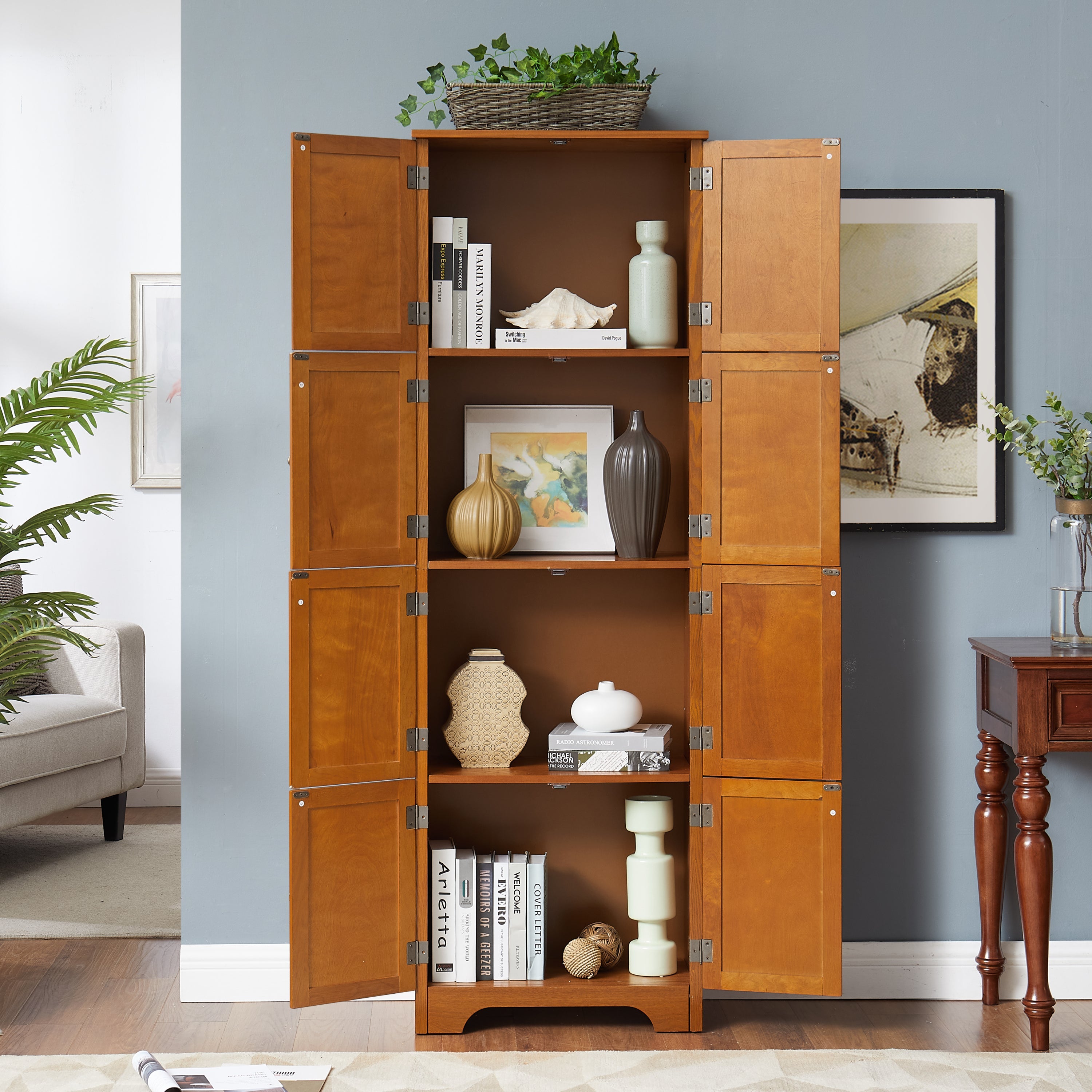 72.4' Tall Storage Cabinet Tall Storage Cabinet with 8 Doors and 4 Shelves ,Bookshelf Living Room, Kitchen, Dining Room, Office  Freestanding Storage Cabinet,Oak