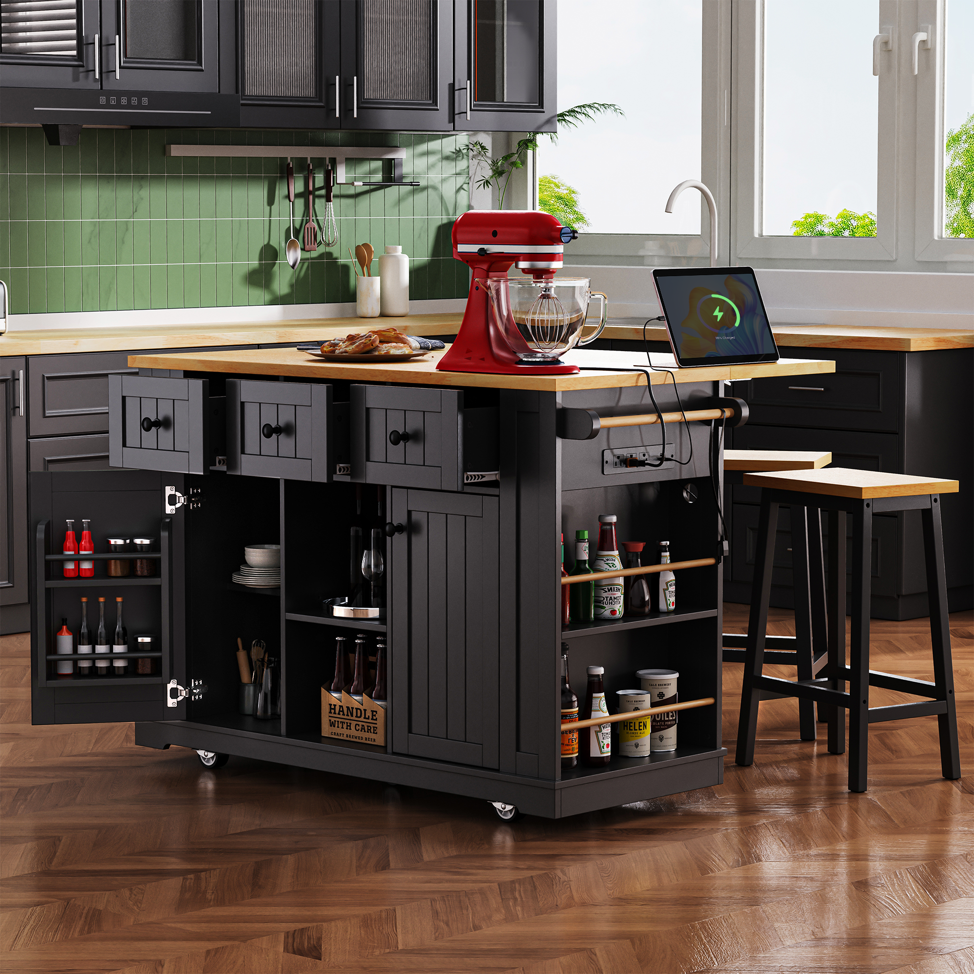 K&K 53inch Large Kitchen Island with 2 Bar Stools, Power Outlet,Door Internal Storage Rack, Kitchen Storage Cart on 5 Wheels with Drop Leaf, 5 Open Side Racks, 3 Drawers, for Kitchen,Dining Room,Black