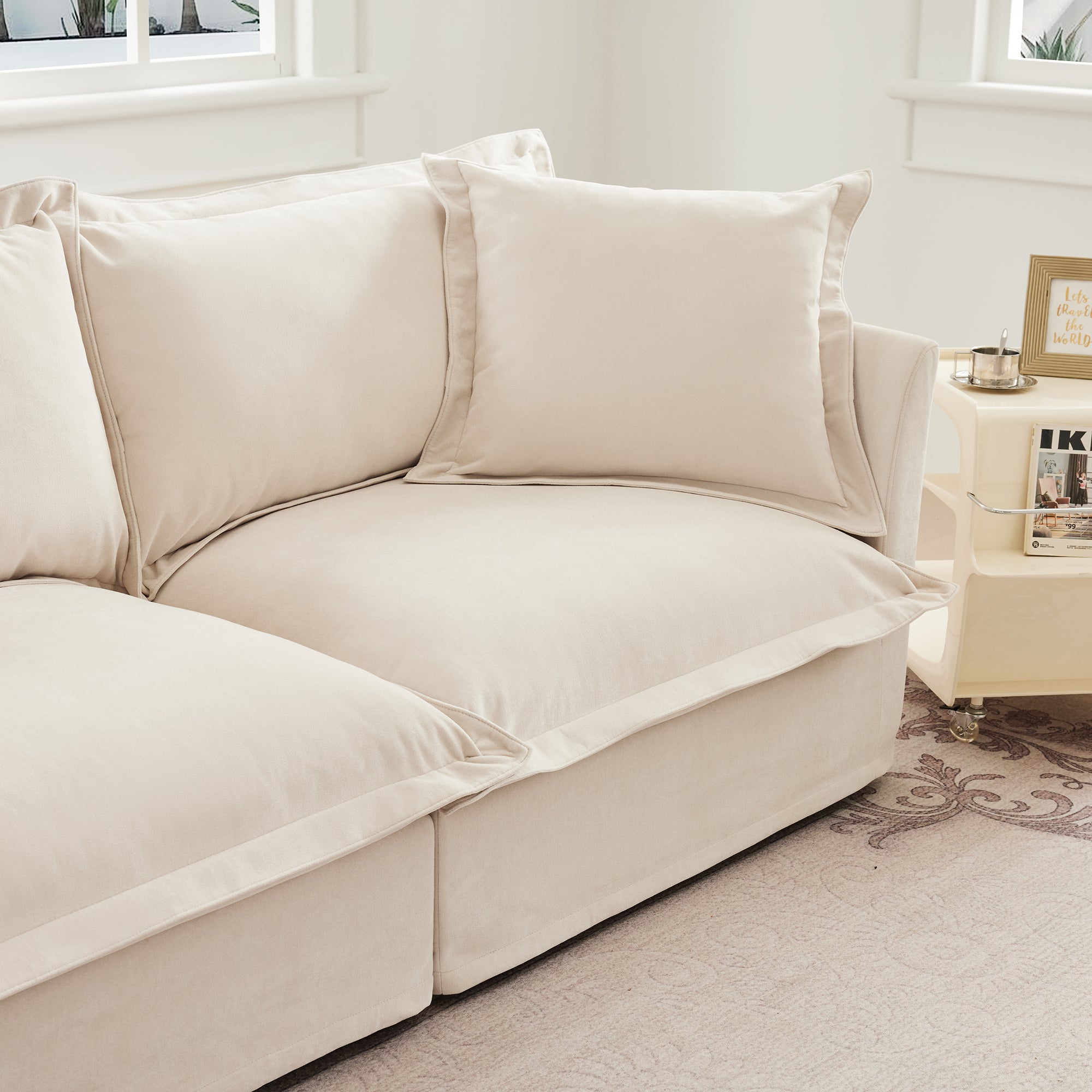 Living Room Sofa Slipcovered Sofa 3 Seater Sofa With 3 Ottomans, Oversized 3-Seat Sleeper Sofa Bed Home Theater Sofa, Chenille, Cream