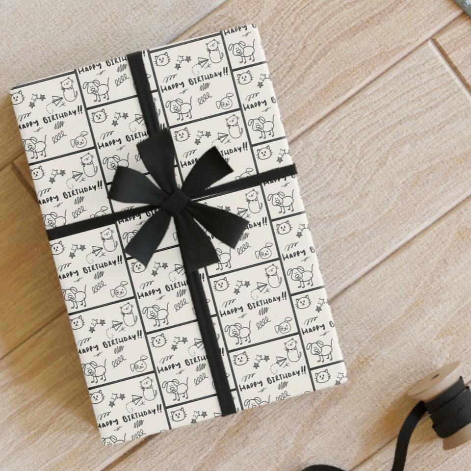 Sketched Puppies & Kitties Birthday Gift Wrap Roll for Adorable Presents