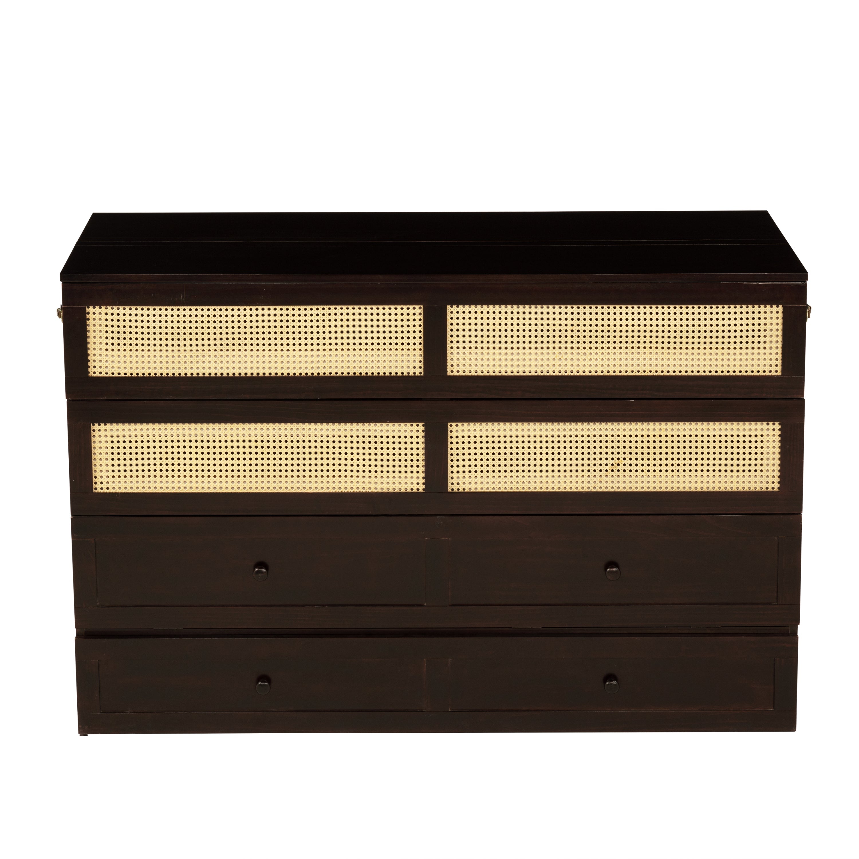 Queen Size Murphy Bed, Pine Wood Cabinet Bed with Rattan Decoration and Storage Drawer,Espresso