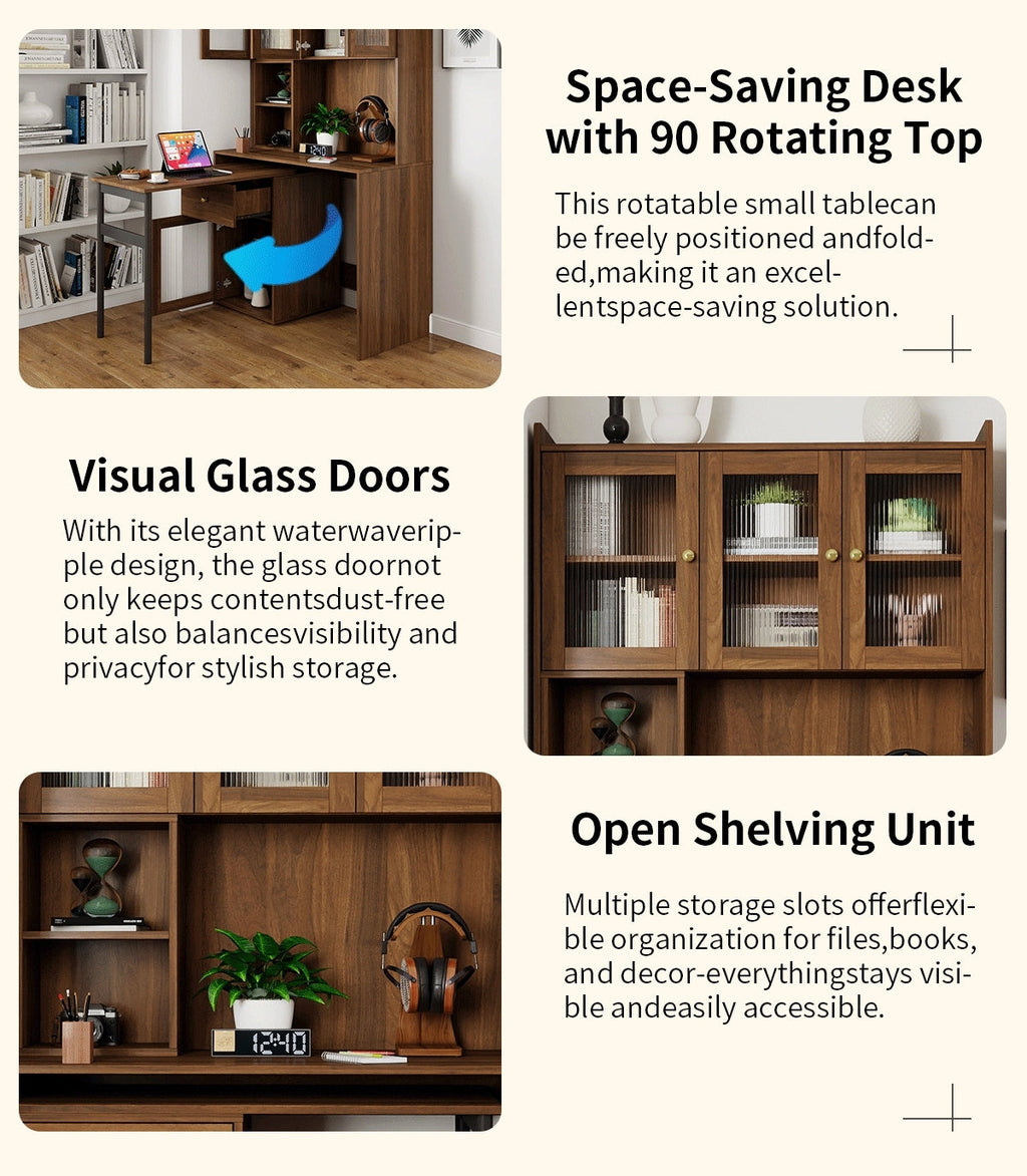 Computer Desk with glass door for Home Office or Study desk,  Bookshelf & Hutch, Computer Desk with 90 Degree Rotating Desktop,Large Working Space