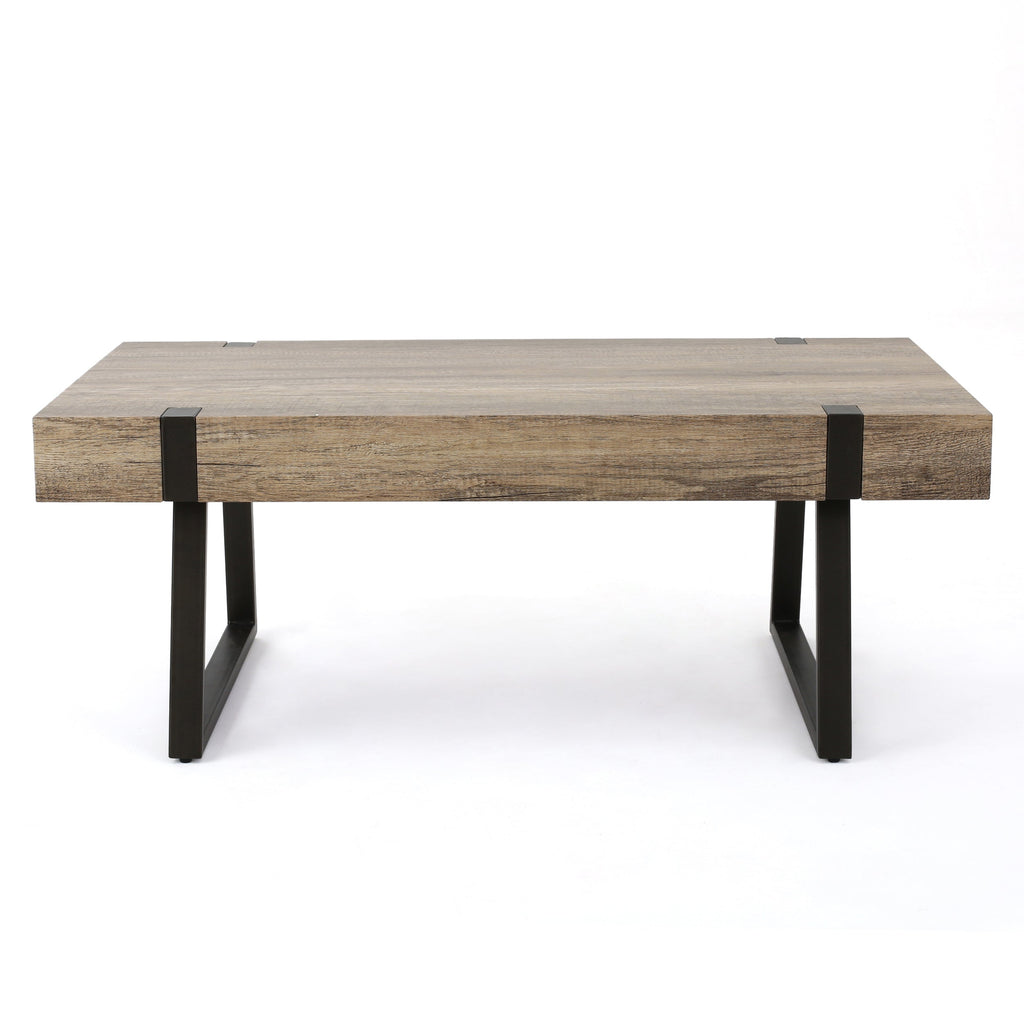 Abitha Faux Wood Coffee Table with Industrial Powder-Coated Metal Legs in Canyon Grey