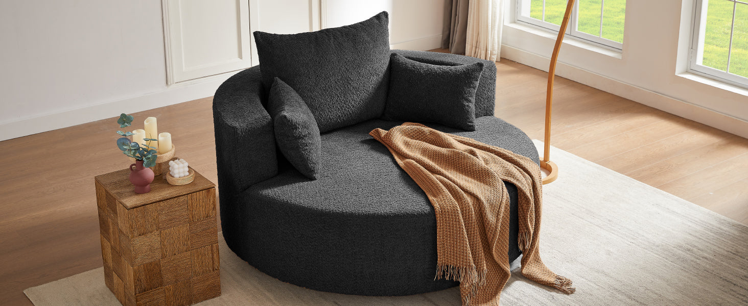 360° Swivel Accent Barrel Chair with Removable Pillows, Black Chenille, 56.3x56.3x36.5 inches