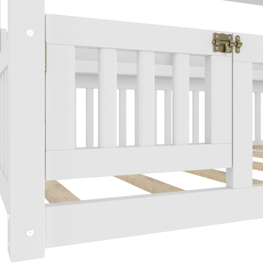 Twin Size Canopy Bed with Guardrails, Solid Wood Floor Bed with Shelves, Montessori Floor Bed Frame for Kids, Boys, Girls, No Spring Box Needed, White
