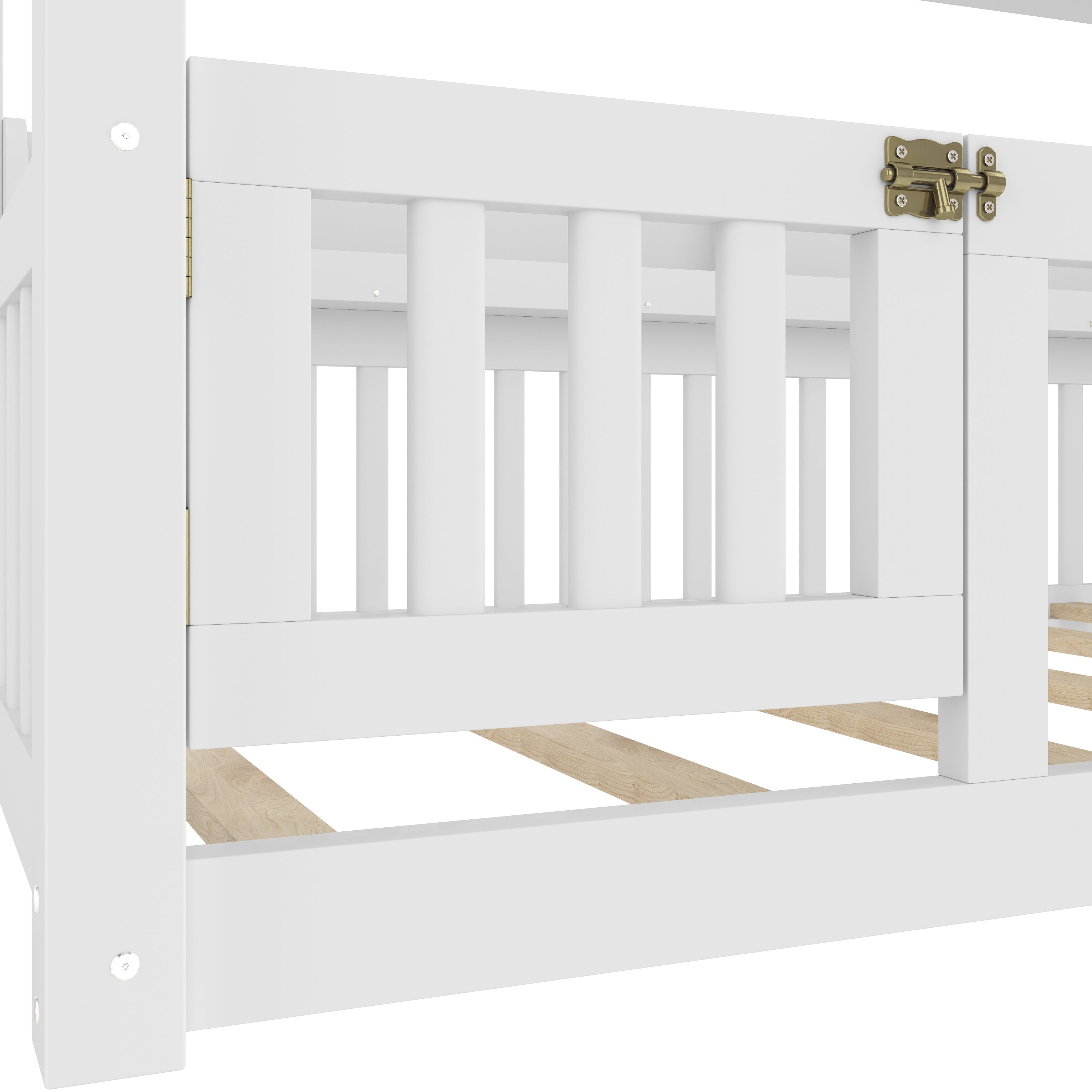 Twin Size Canopy Bed with Guardrails, Solid Wood Floor Bed with Shelves, Montessori Floor Bed Frame for Kids, Boys, Girls, No Spring Box Needed, White