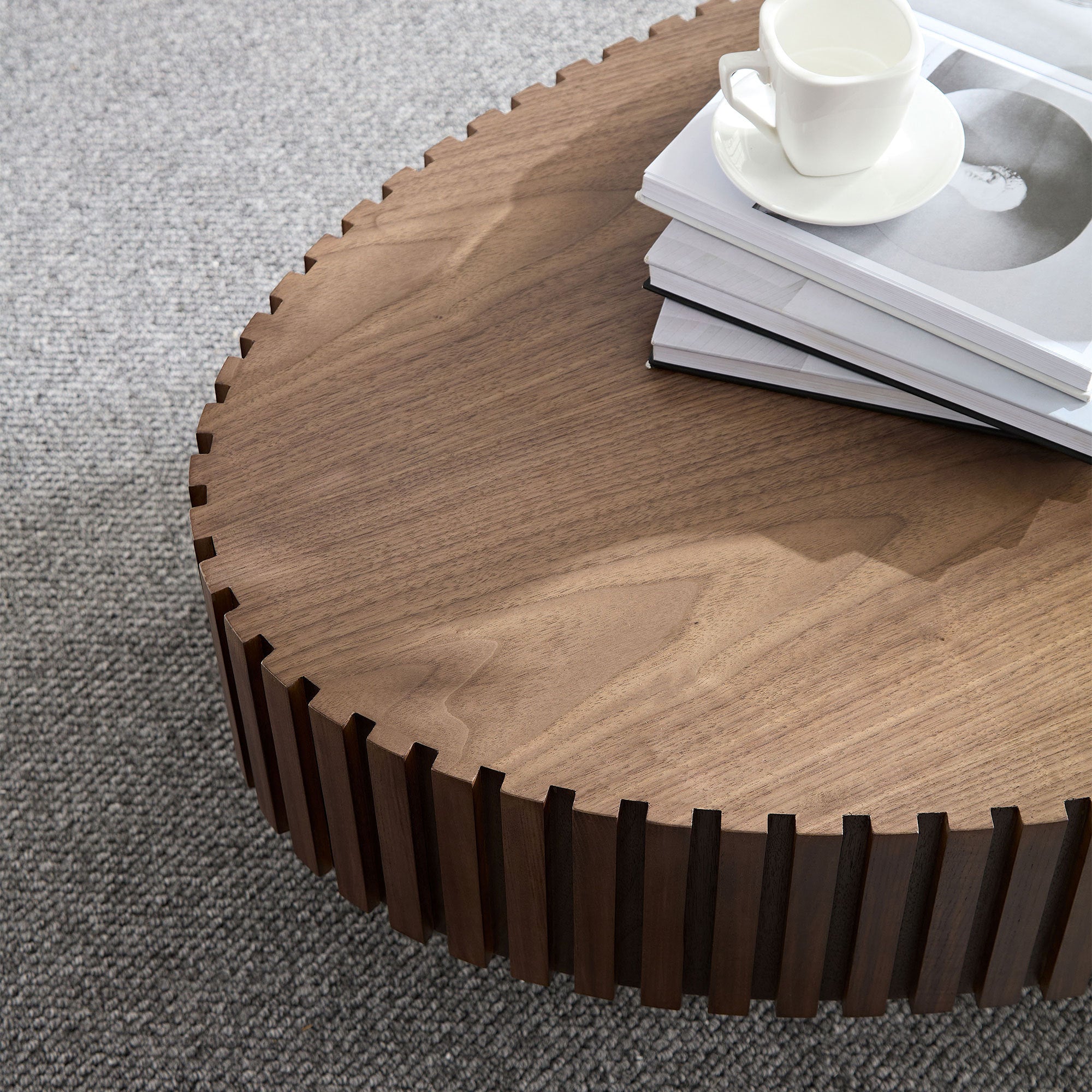 Modern Handcraft Drum Coffee Table Length 43.7 inch Ellipse Coffee Table for Living Room,Oval Small Coffee Table with Sturdy Pedestal,Walnut MDF