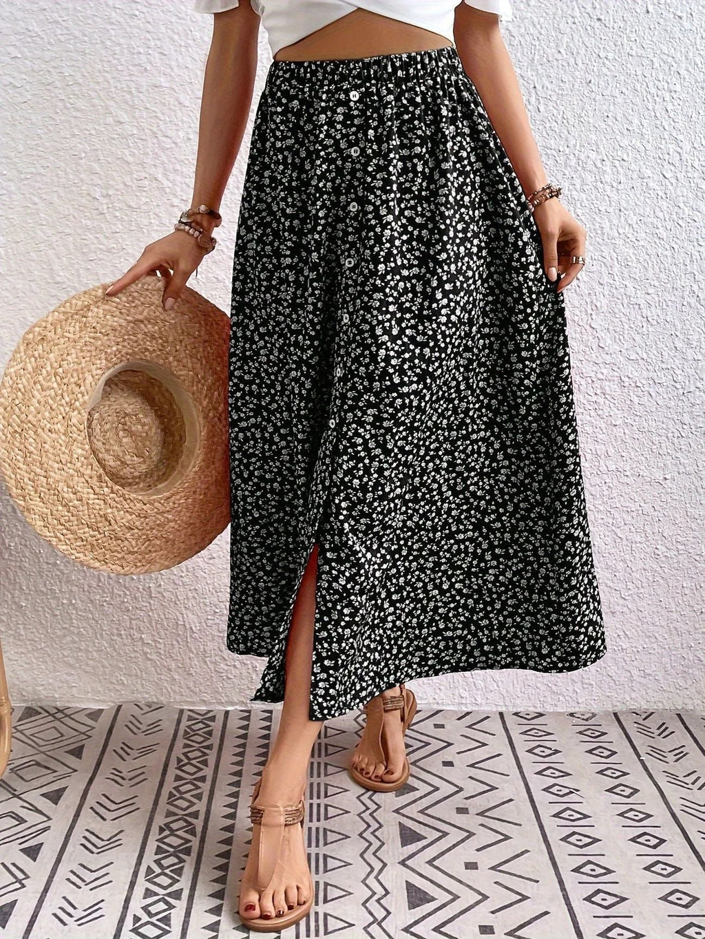 European And American Printed Breasted Self-tie Summer Pastoral A- Line Skirt Advanced Skirt