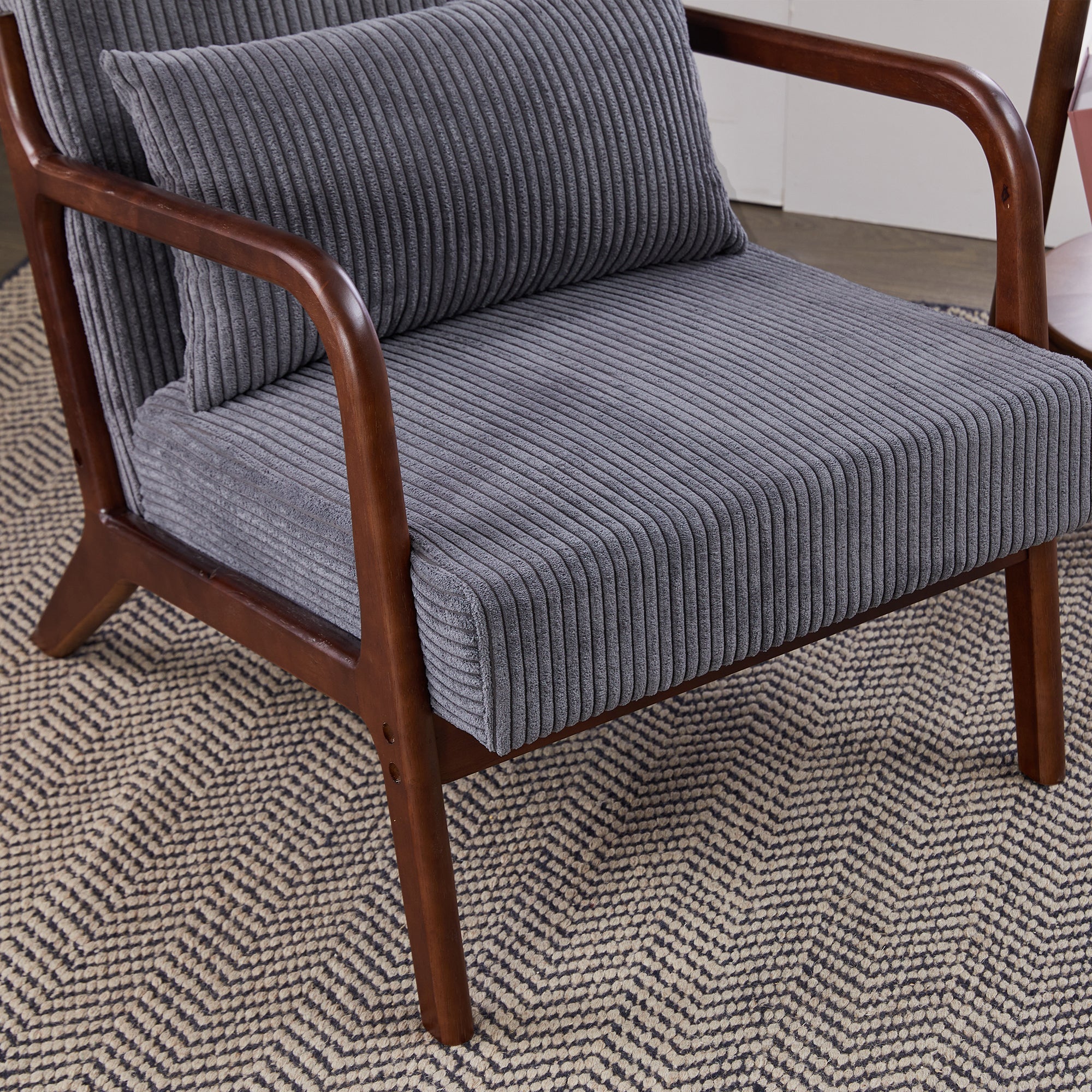 Mid-Century Modern Accent Chair with Pillow Upholstered in Antique Dark Grey Polyester and Solid Wood Frame(Antique Dark Grey)