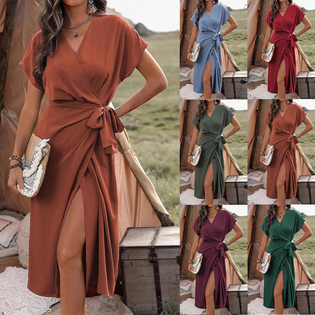 Commuting Fashion Forged Split Women's Solid Color Wrap Suspender Dress