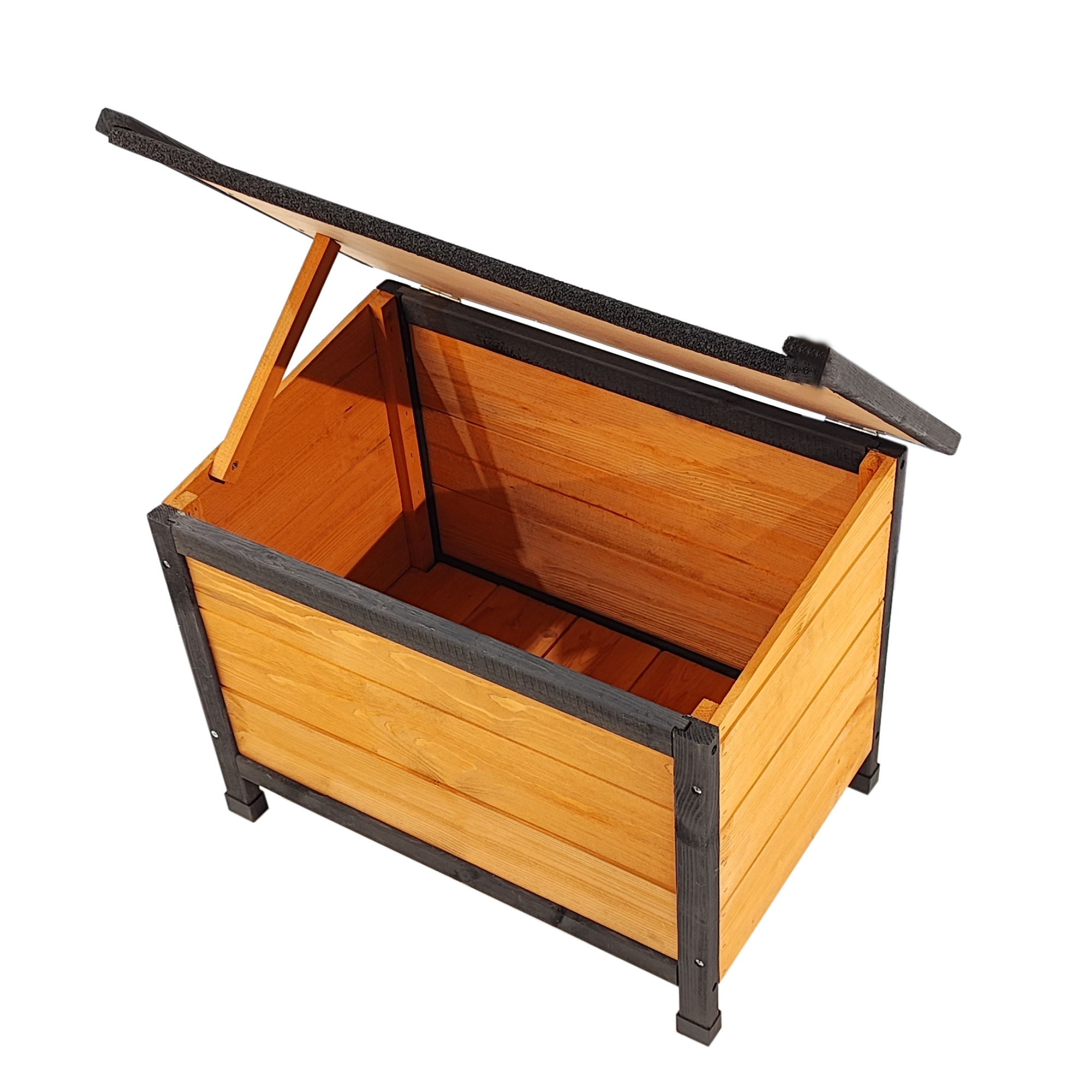 XPT088 Wearable and Strong Wooden Dog House with Metal Bowls and Toy Box, Natural, Solid Wood, 55.12 x 38.98 x 37.00 inches