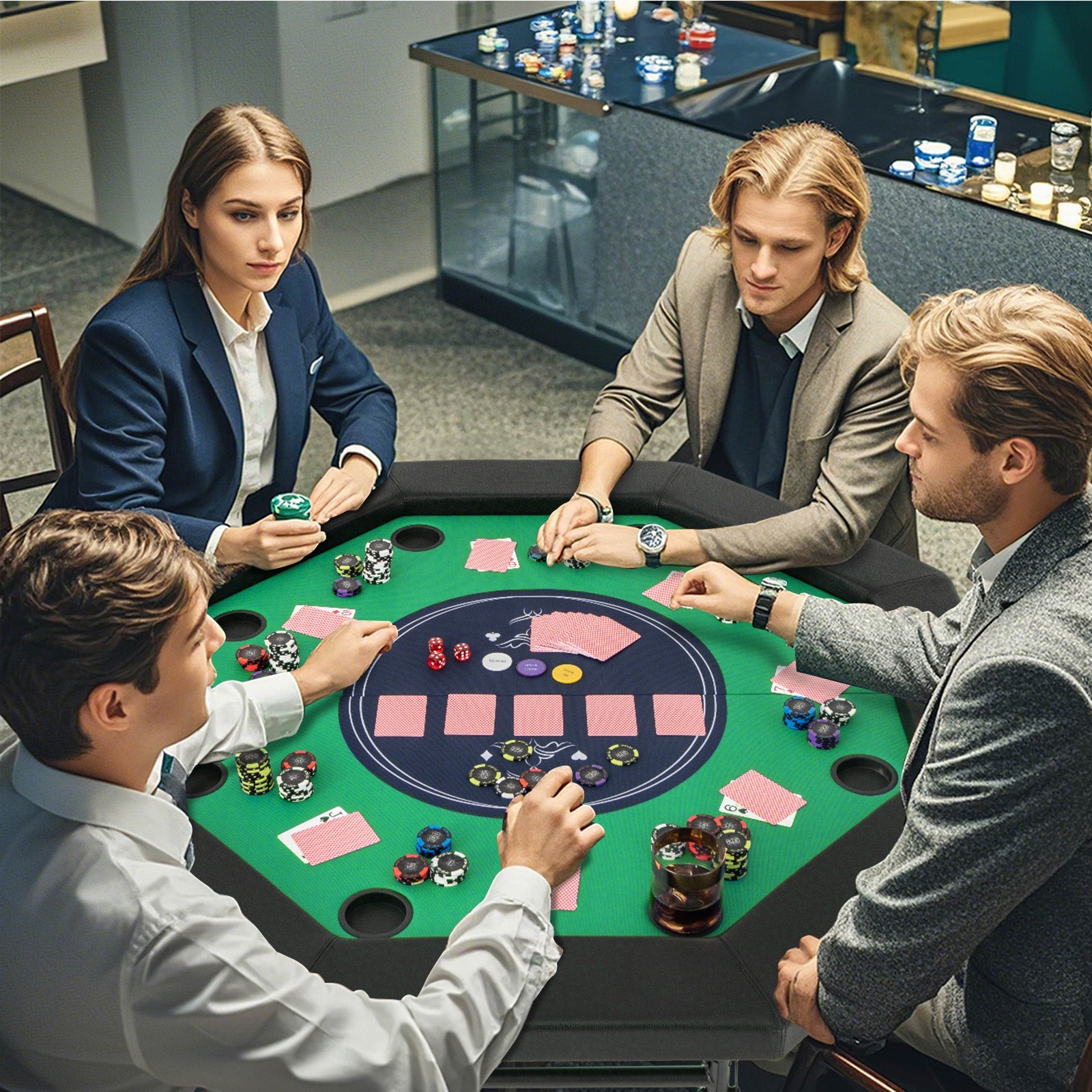 48 Inches Foldable Poker Table with Padded Rails and Cup Holders-Green