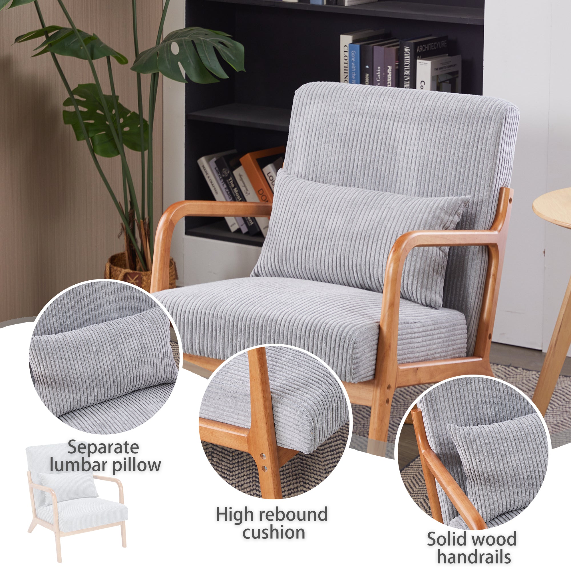 Mid-Century Modern Accent Chair with Pillow, Upholstered Arm Chair in Antique Dark Grey, Solid Wood Frame(Antique Dark Grey)