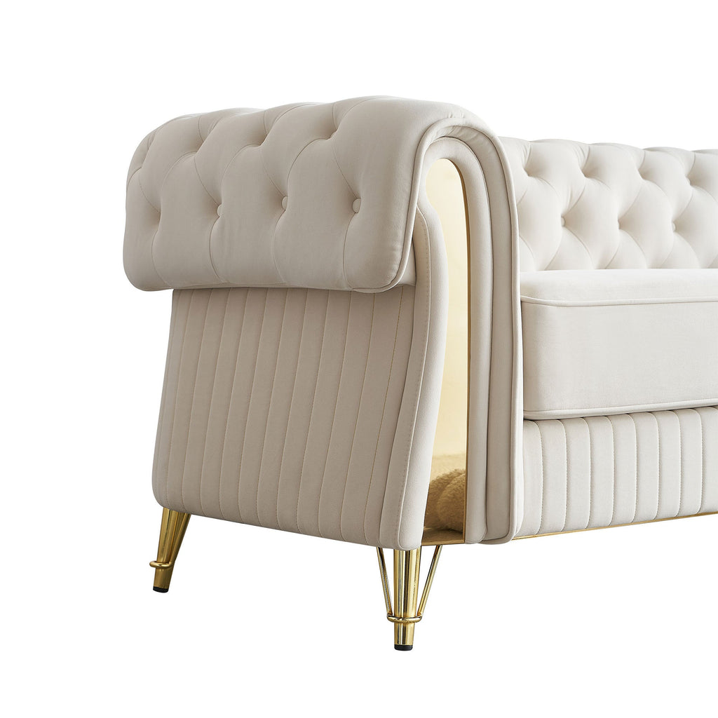 89''W Chesterfield Modern Tufted Velvet Living Room Sofa with Two Seat Cushions and Two Toss Pillows,Beige