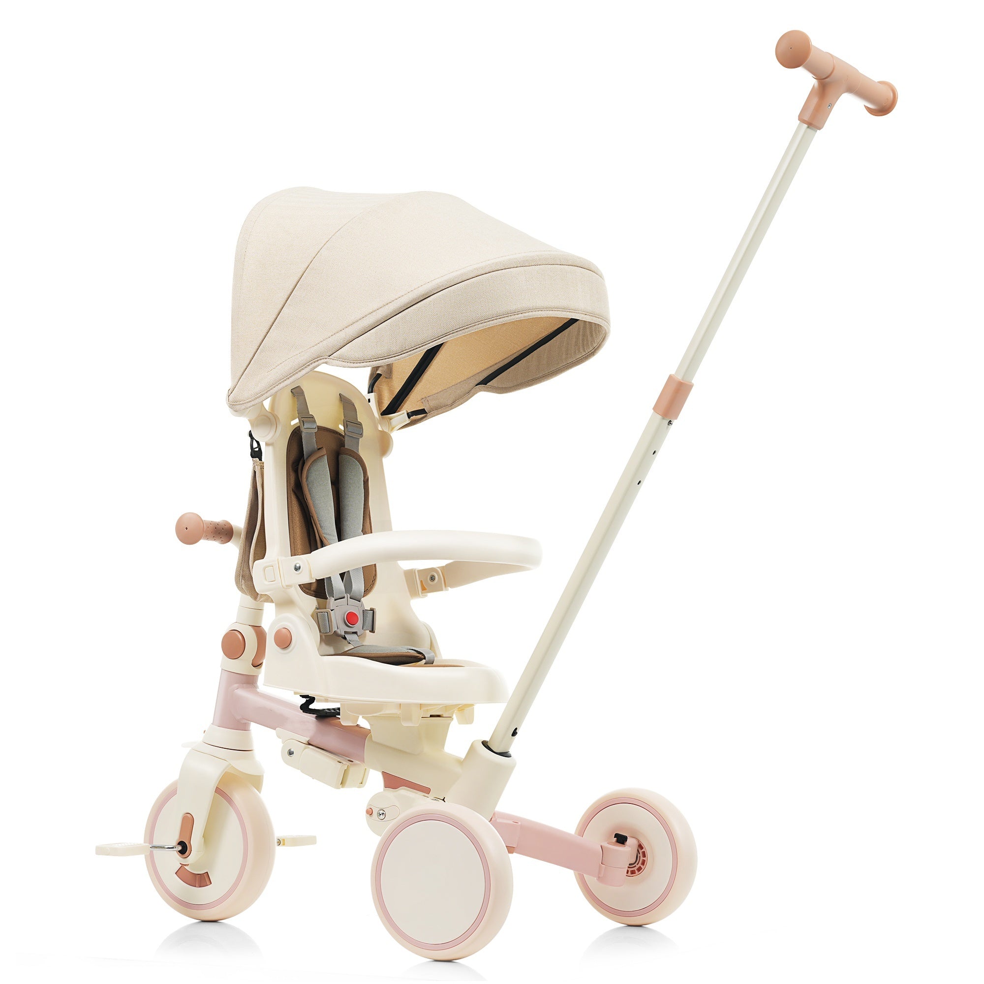 7 in 1 Baby Tricycle, Foldable Toddler Tricycle with Removable and Adjustable Parent Handle, Toddler Push Bike with Removable Pedal, Canopy, and Guardrail, Tricycle for 12-72 Months, pink