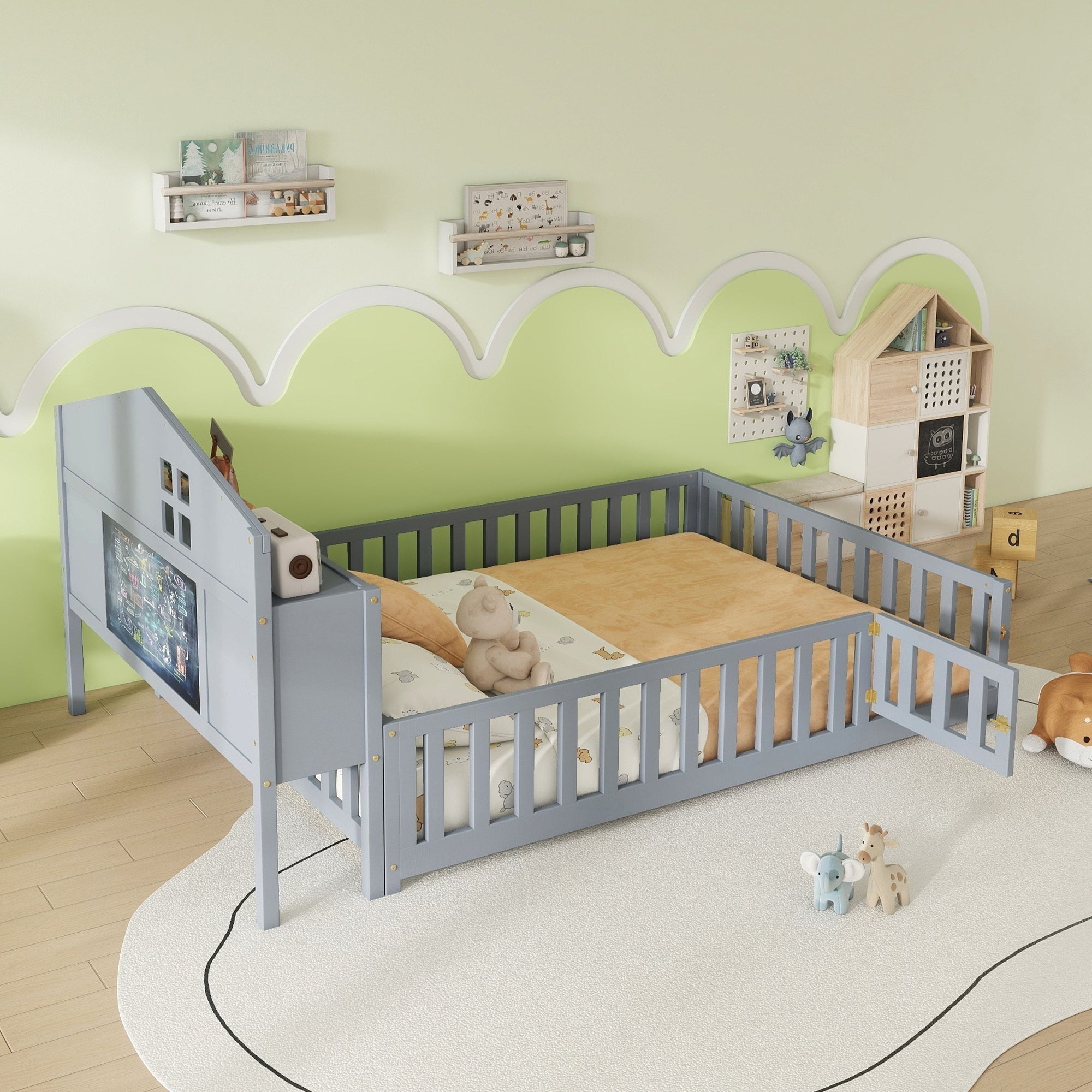 Full-size Montessori Floor Bed with Bookcases and Blackboards, Versatile Platform Beds with Guard rails, Solid Wood Floor Beds with Storage Headboards, Floor Beds for Kids and Teens Grey