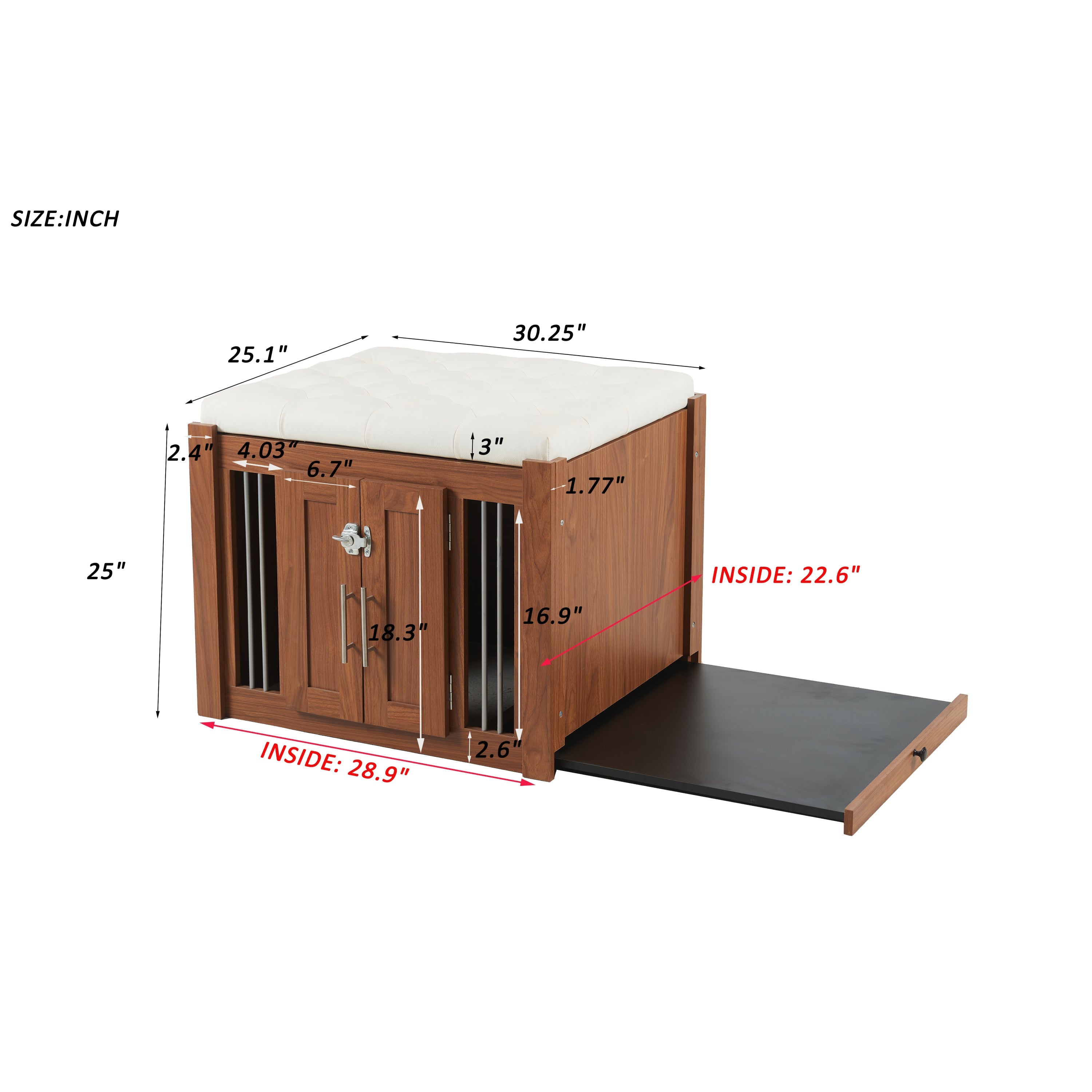30.25'L, 2 in 1 Dog Crate with Padded Seat, Sliding Barn Door, Luxury Wooden Dog Kennel, End of Bed Bench Ottoman with Removable Cushion for Bedroom, Living Room, Walnut