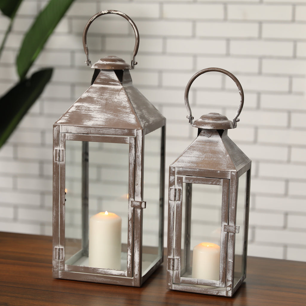 17.5 & 13.5inch Antique Grey Brush Decorative Lanterns ( Set of 2 )
