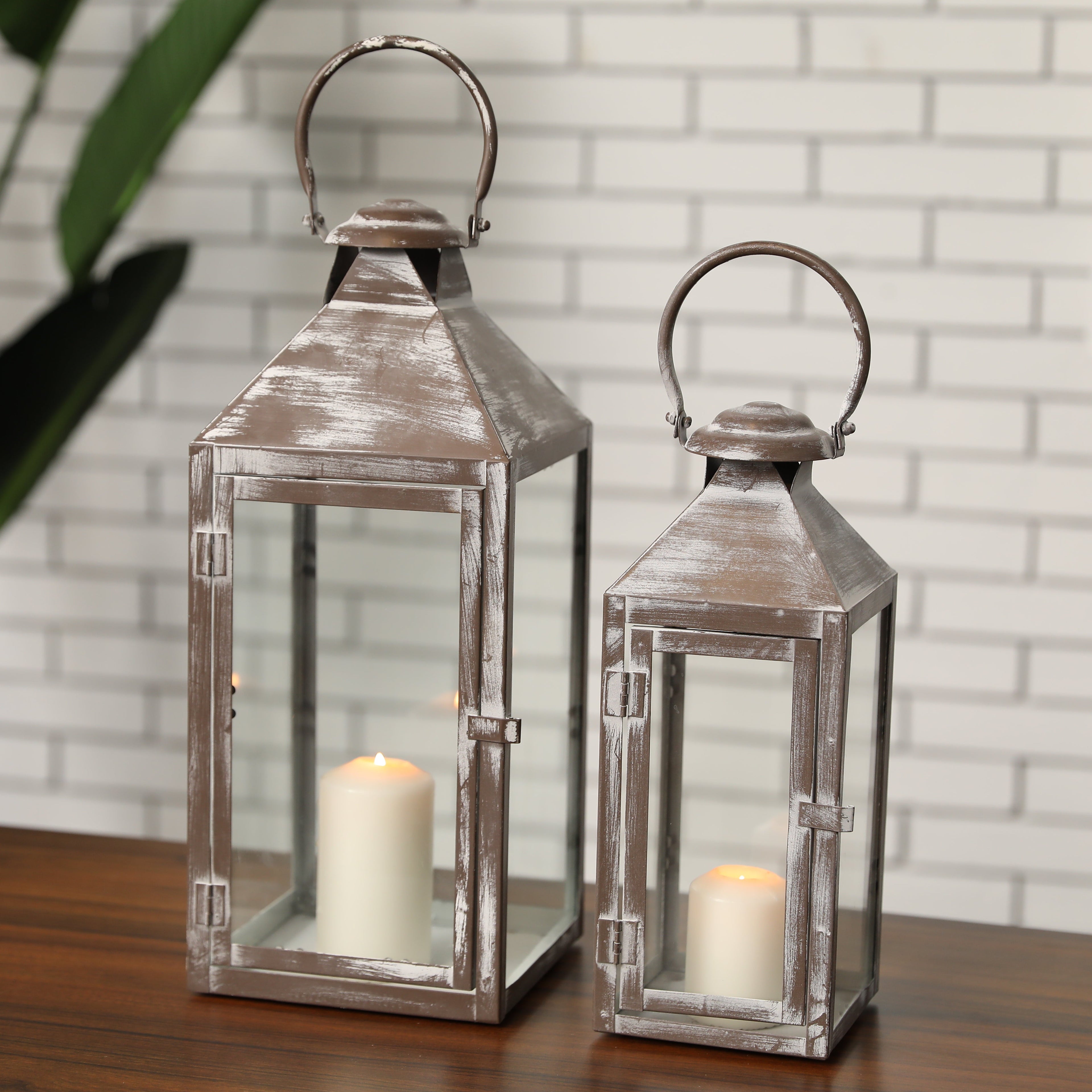 17.5 & 13.5inch Antique Grey Brush Decorative Lanterns ( Set of 2 )