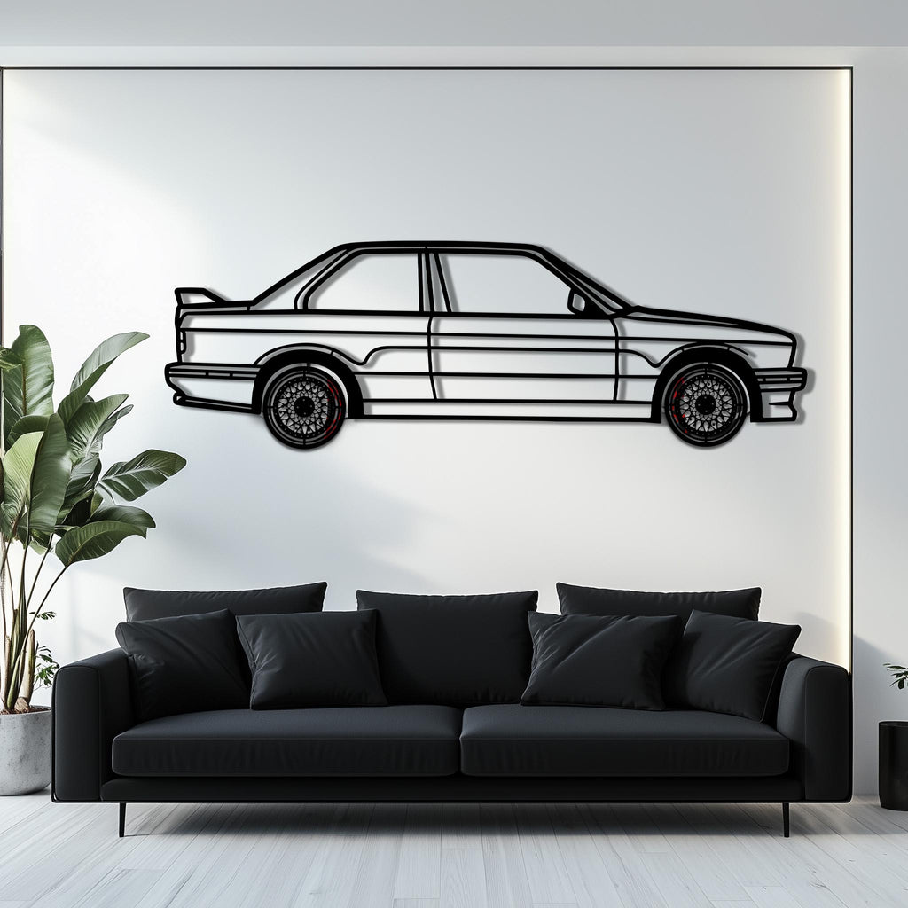 BMW E30 M3 Metal Car Wall Art with Rotating Wheels - Classic M Power Silhouette Decor - Interactive Automotive Wall Art - KAFMEKA100