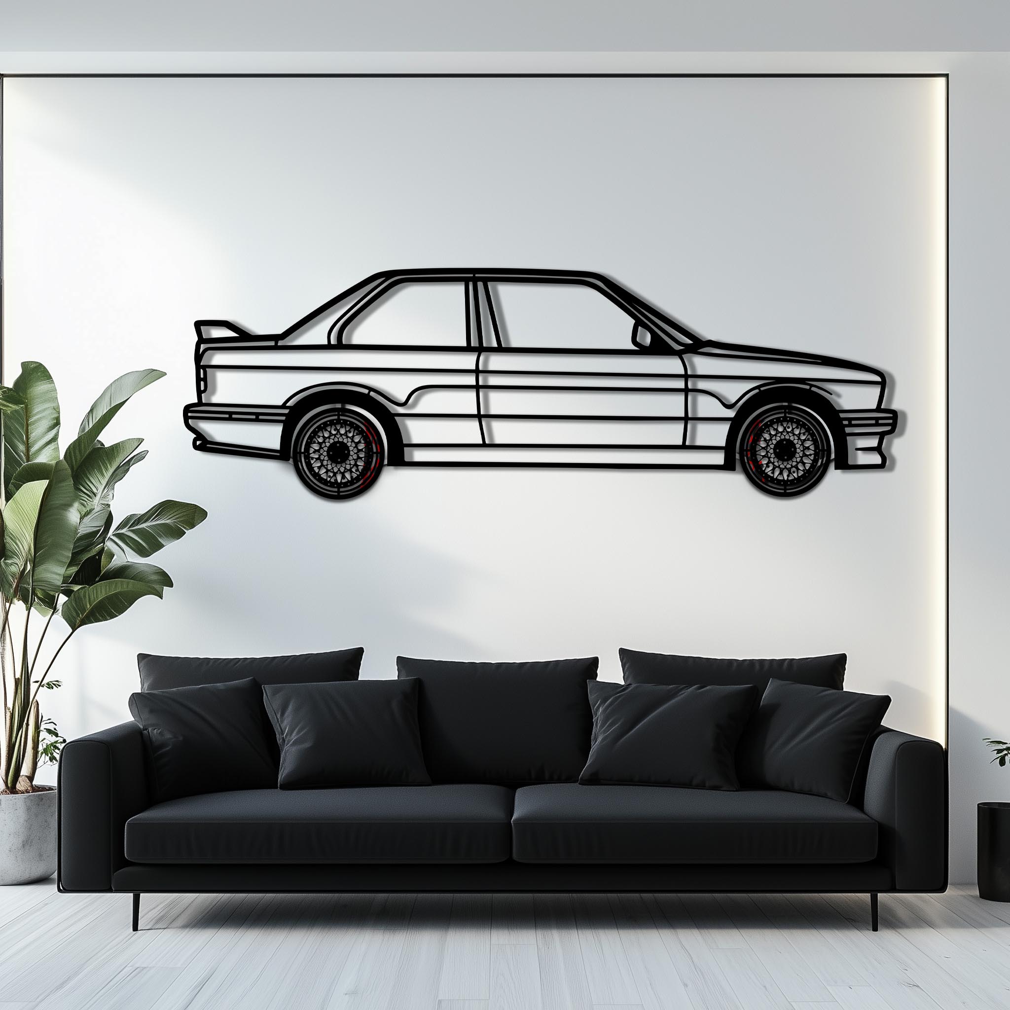 BMW E30 M3 Metal Car Wall Art with Rotating Wheels - Classic M Power Silhouette Decor - Interactive Automotive Wall Art - KAFMEKA100