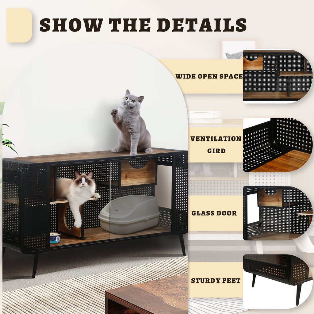 Modern Spacious Cat House with Tempered Glass and Iron Frame for Living Room, Black + Brown
