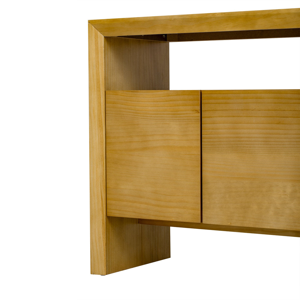 U_Style 60' 4-Door Sideboard, Modern Minimalist Solid Wood Veneer Sideboard with Open Shelf, Natural Wood Grain, Large Capacity Storage Console for Living Room, Hallway, Dining (Black/Natural)