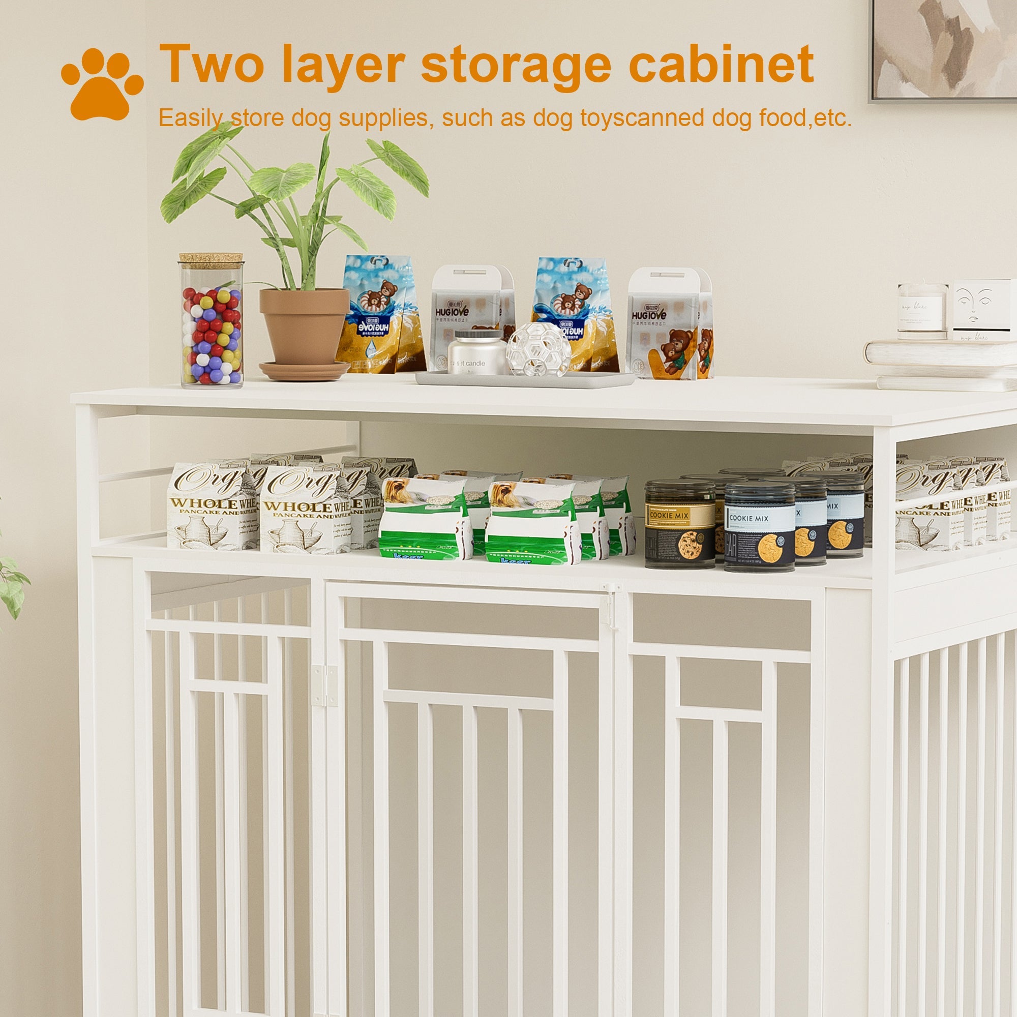 43.3 Inch Wooden Dog Crate Furniture with Divider and Storage, White