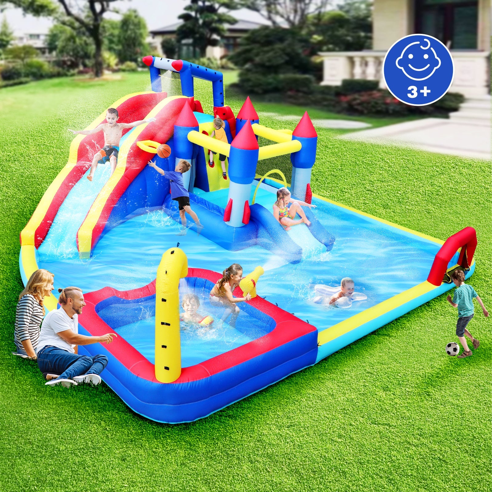 Inflatable 10 in1 slide water park  bouncing house garden with splash pool & water gun & basketball & climbing wall & dual pools & soccer