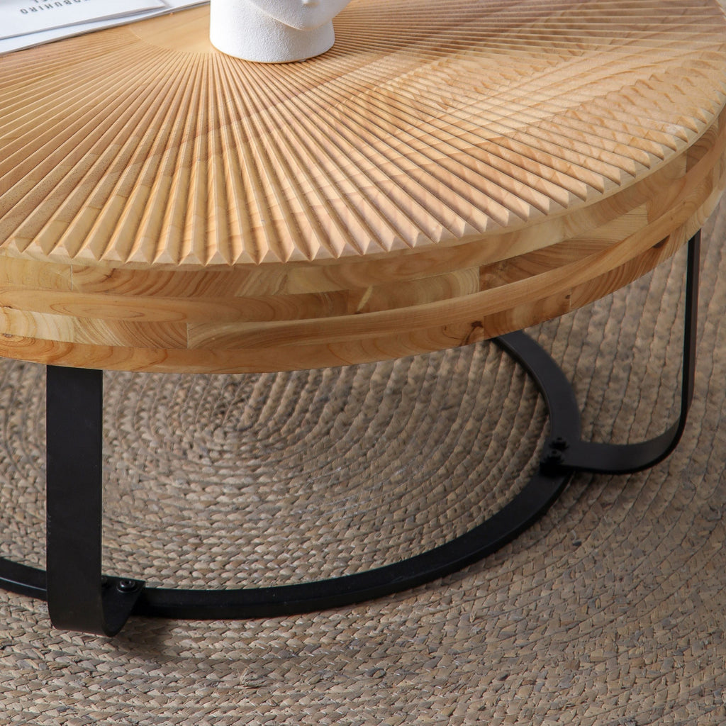 Modern Round Coffee Table Wooden Carving Pattern Coffee Table with Metal Legs for Living Room Reception Room Office ,Black