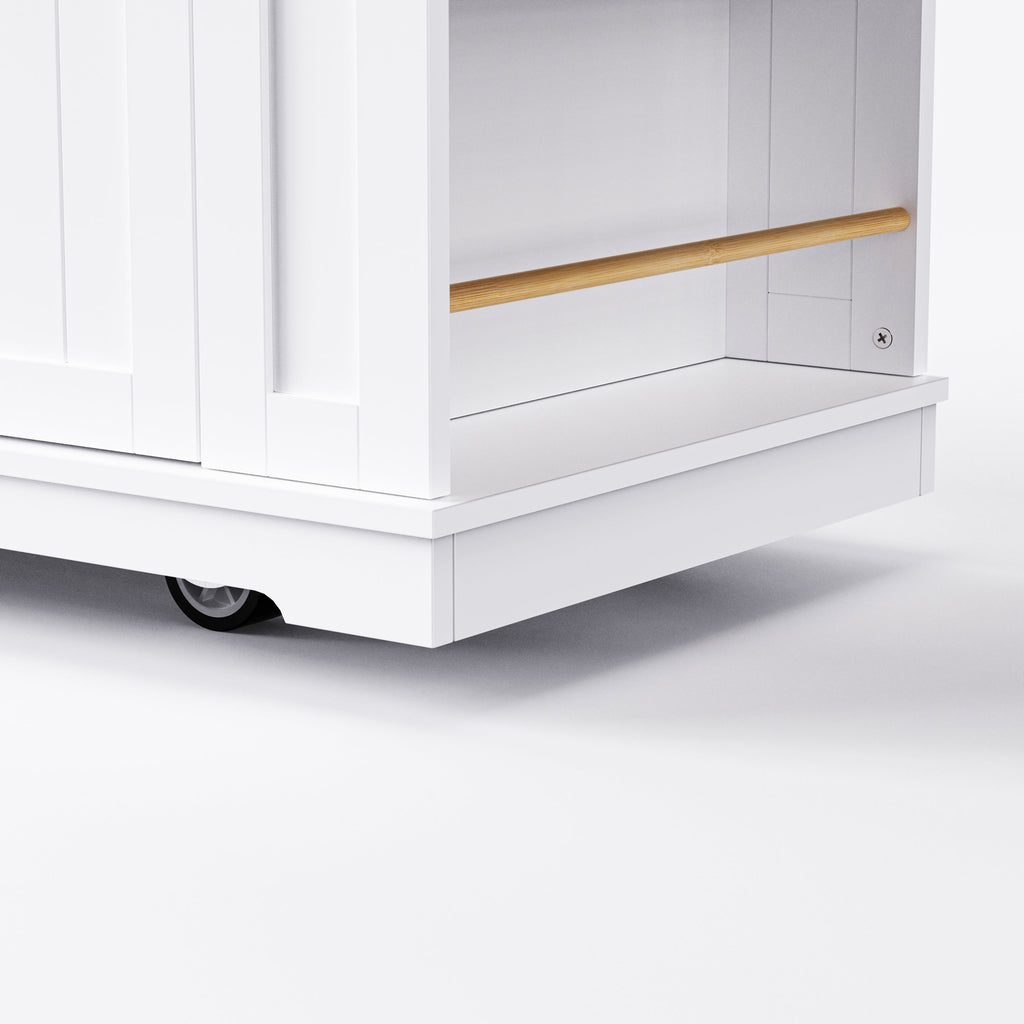 K&K 53inch Large Kitchen Island with 2 Bar Stools, Power Outlet,Door Internal Storage Rack, Kitchen Storage Cart on 5 Wheels with Drop Leaf, 5 Open Side Racks, 3 Drawers, for Kitchen,Dining Room,White
