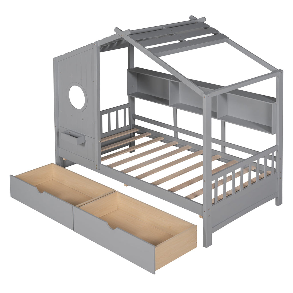 Wooden Twin Size House Bed with 2 Drawers,Kids Bed with Storage Shelf, Gray(Old SKU: HL000051AAE)