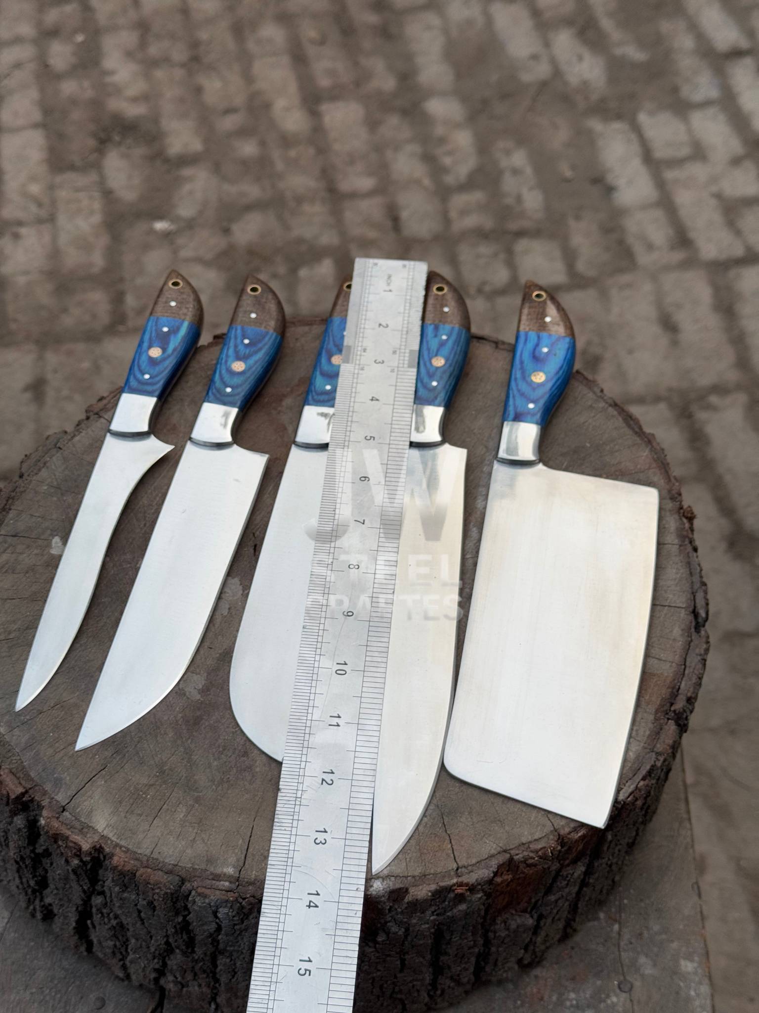 5-Piece Handmade Kitchen Knife Set — Polished Stainless Blades with Blue Pakka Wood Handles (Chef + Cleaver Prep Set)