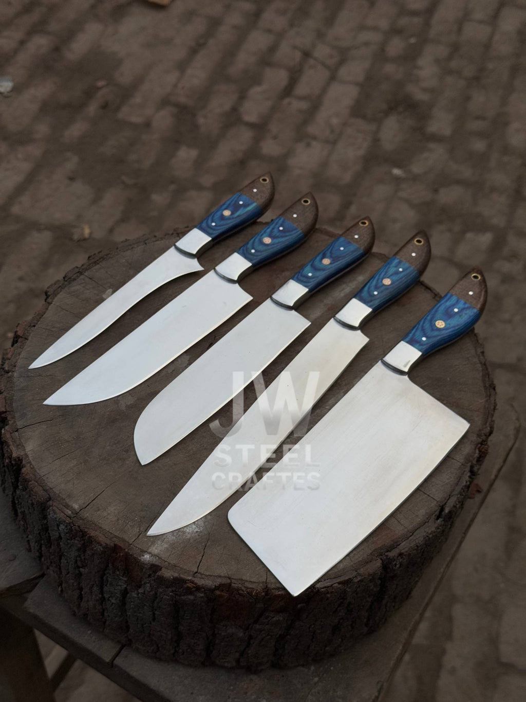 5-Piece Handmade Kitchen Knife Set — Polished Stainless Blades with Blue Pakka Wood Handles (Chef + Cleaver Prep Set)
