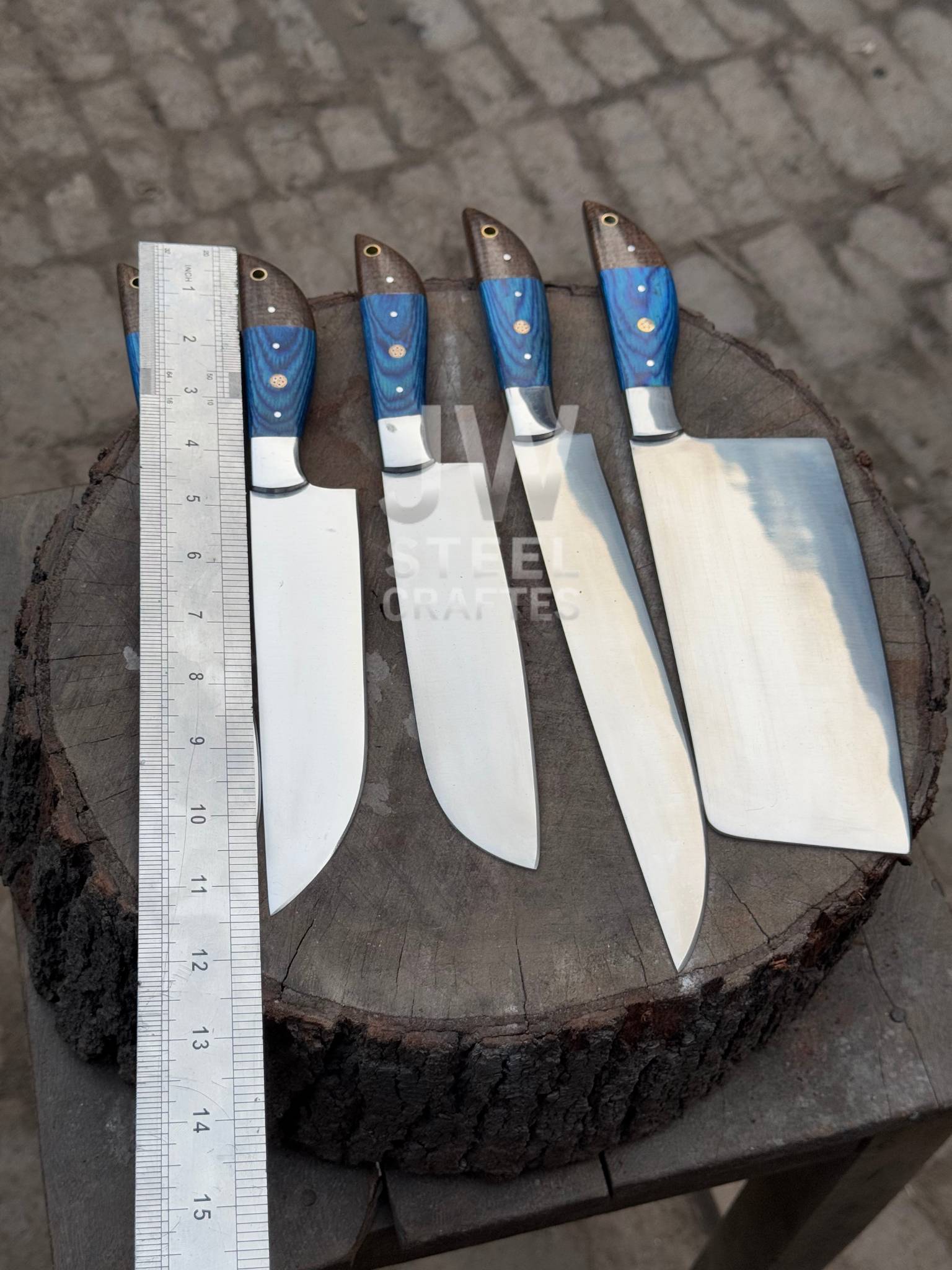 5-Piece Handmade Kitchen Knife Set — Polished Stainless Blades with Blue Pakka Wood Handles (Chef + Cleaver Prep Set)