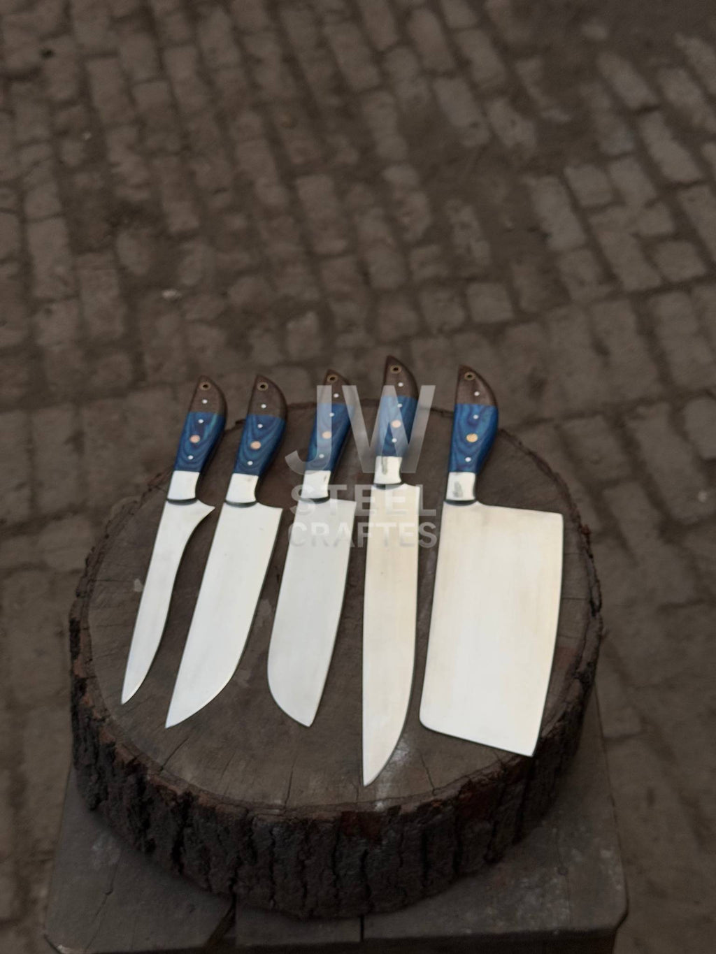 5-Piece Handmade Kitchen Knife Set — Polished Stainless Blades with Blue Pakka Wood Handles (Chef + Cleaver Prep Set)