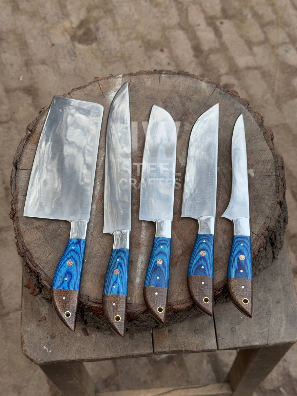 5-Piece Handmade Kitchen Knife Set — Polished Stainless Blades with Blue Pakka Wood Handles (Chef + Cleaver Prep Set)