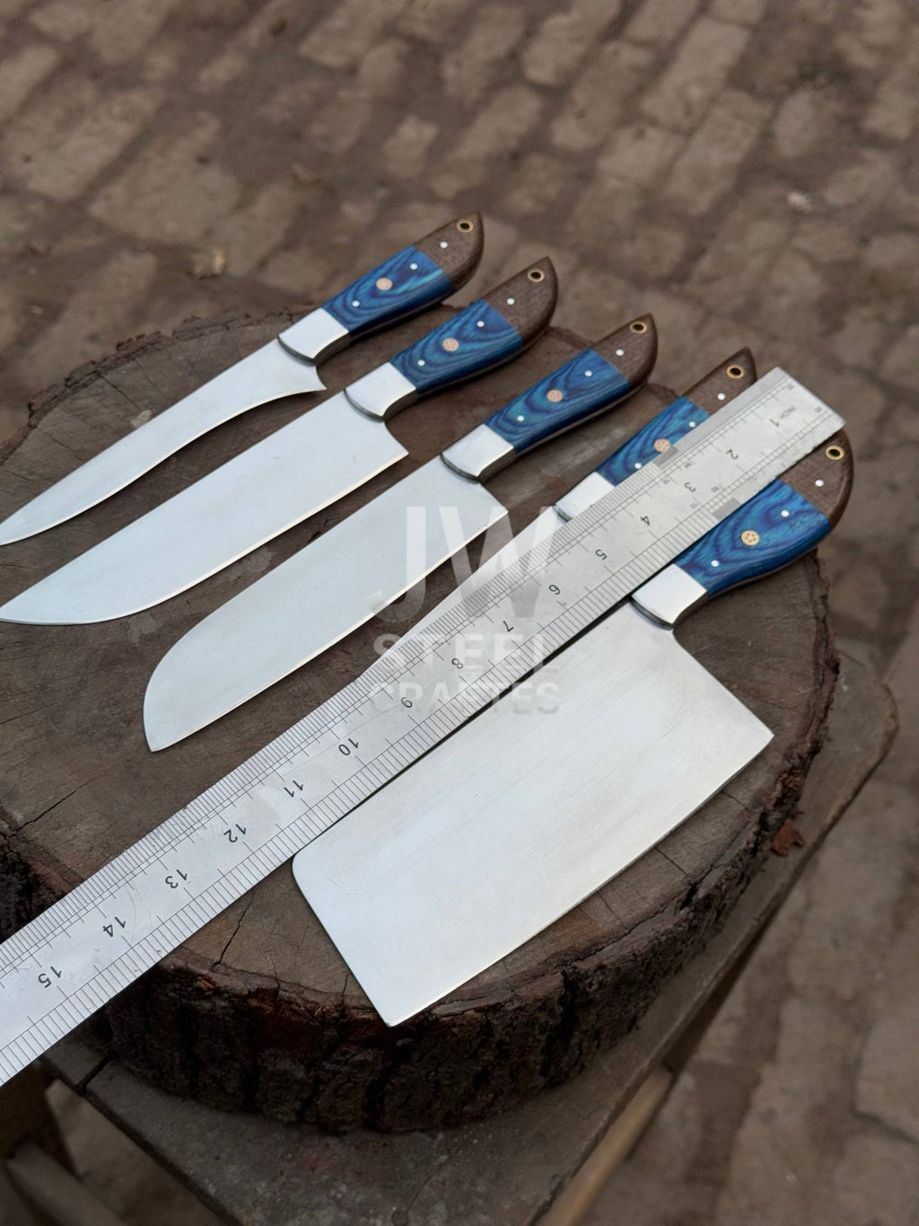 5-Piece Handmade Kitchen Knife Set — Polished Stainless Blades with Blue Pakka Wood Handles (Chef + Cleaver Prep Set)