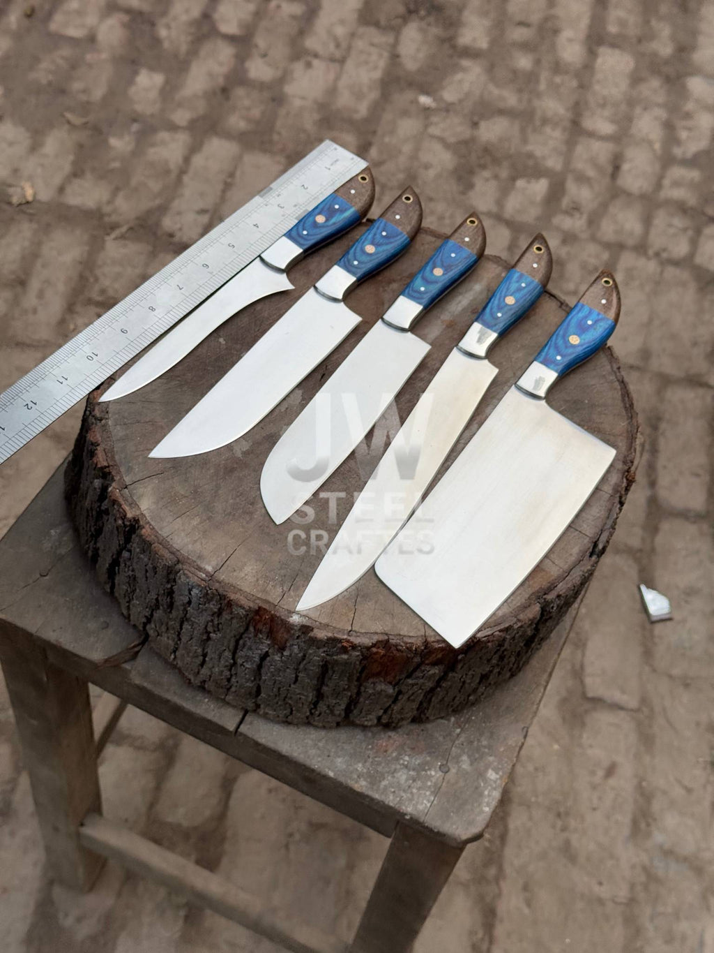 5-Piece Handmade Kitchen Knife Set — Polished Stainless Blades with Blue Pakka Wood Handles (Chef + Cleaver Prep Set)