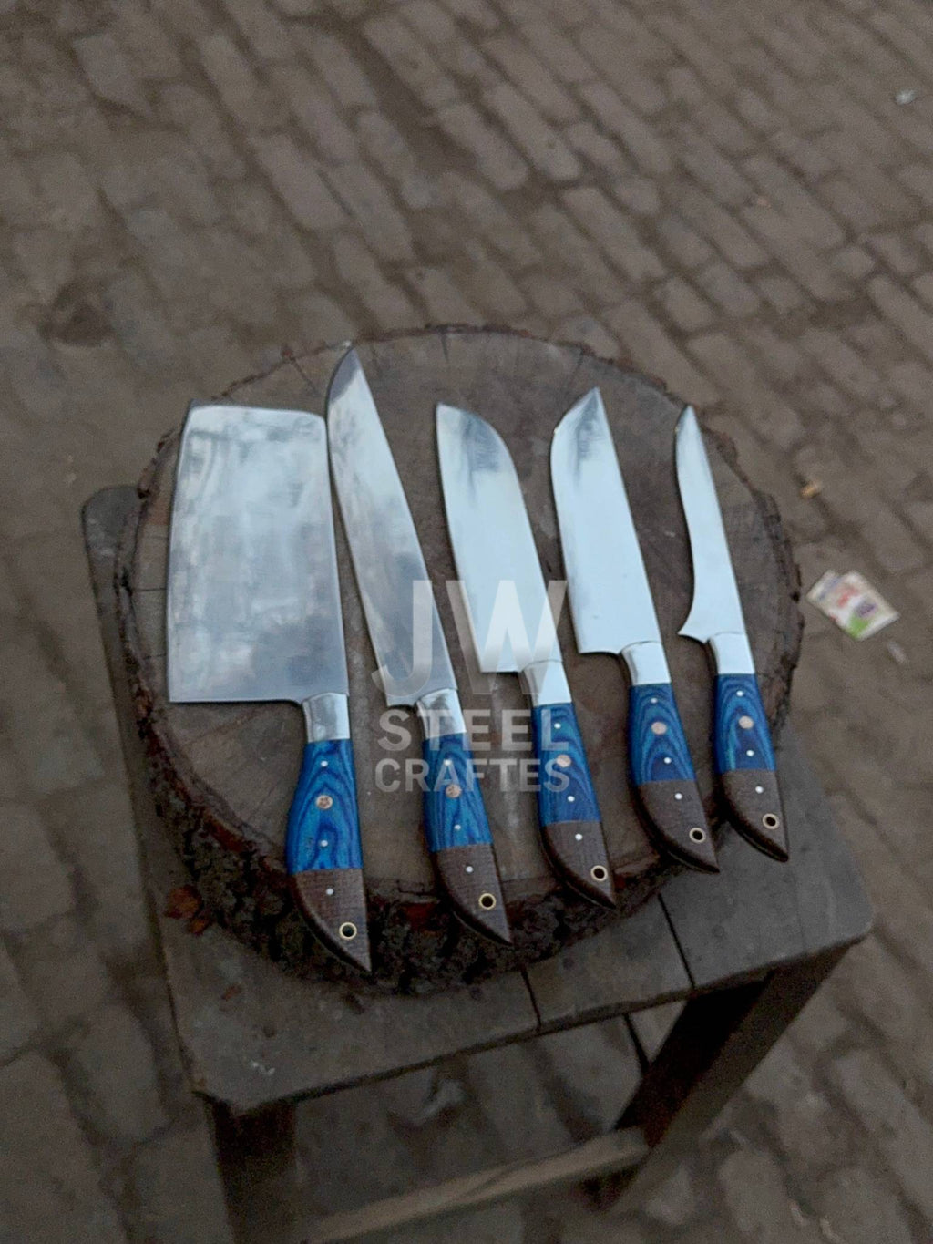 5-Piece Handmade Kitchen Knife Set — Polished Stainless Blades with Blue Pakka Wood Handles (Chef + Cleaver Prep Set)