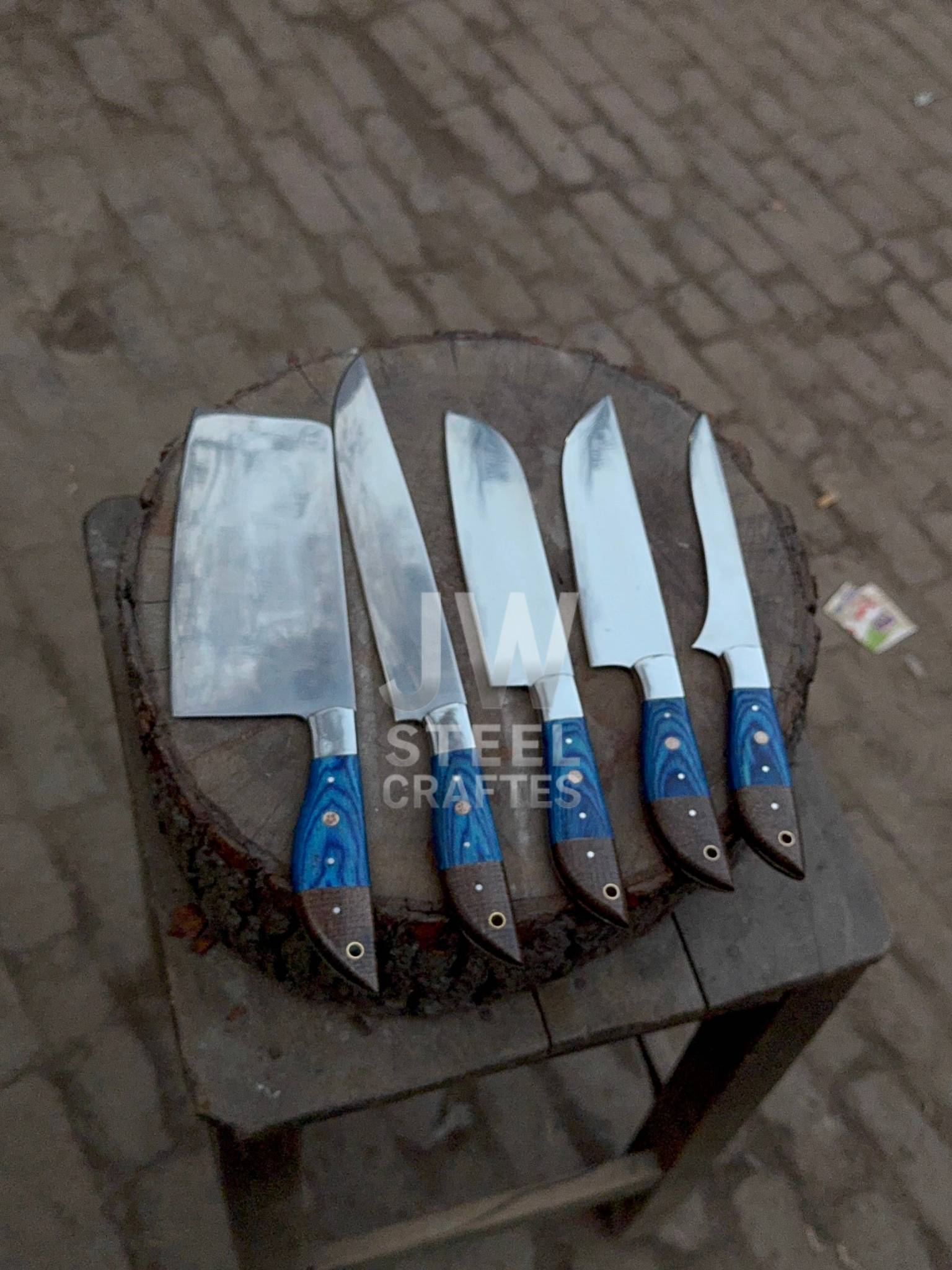 5-Piece Handmade Kitchen Knife Set — Polished Stainless Blades with Blue Pakka Wood Handles (Chef + Cleaver Prep Set)