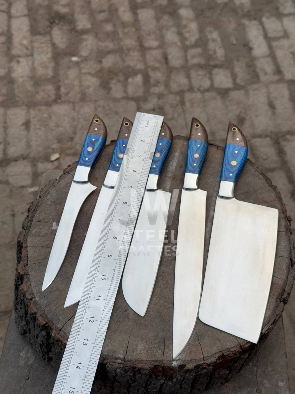 5-Piece Handmade Kitchen Knife Set — Polished Stainless Blades with Blue Pakka Wood Handles (Chef + Cleaver Prep Set)